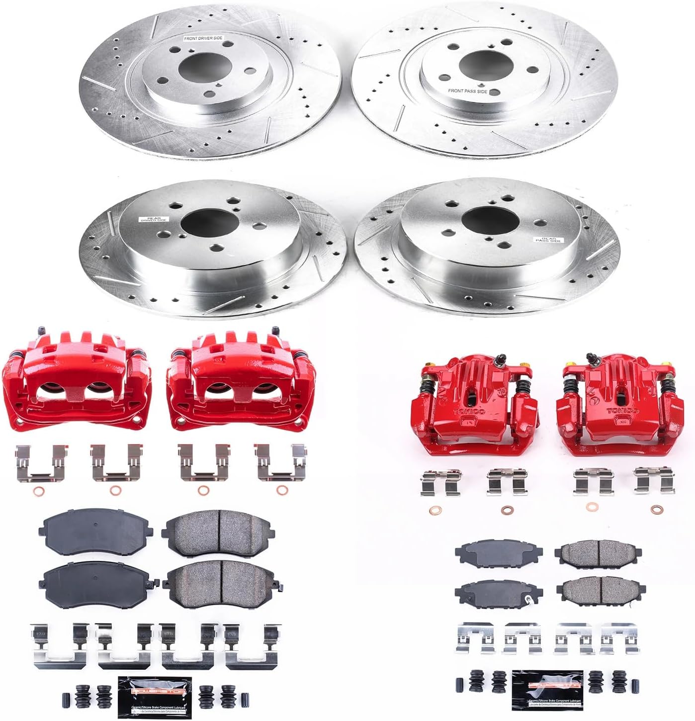 PowerStop Front and Rear Brake & Caliper Kit For Subaru Legacy 2006-09 | Subaru Outback 2006-09 - Powder Coated Calipers + Carbon Fiber Ceramic Brake Pads + Drilled & Slotted Rotors Upgrade, KC4079