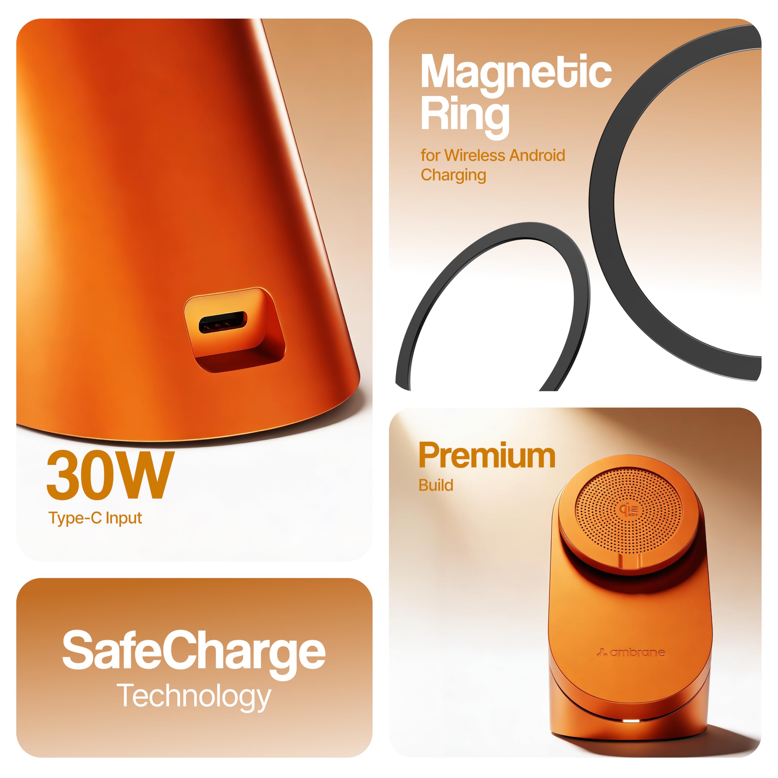 Ambrane 25W Qi2.2 Magsafe Wireless Charger with Stand & Heat Control Mechanism, Perfect for Table, Fast Charge 40% in Just 30 Mins Wirelessly for iPhone 12-17 All Models (AerosynQ 4, Orange) — Amazon image 6