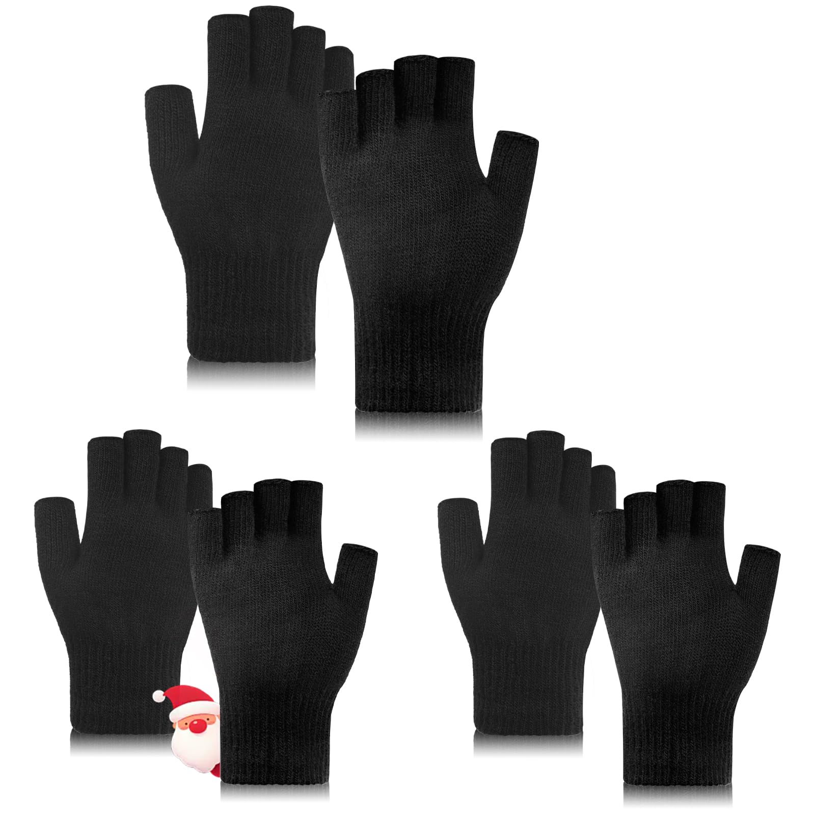 MENOLY 3 Pairs Winter Half Finger Gloves Warm Stretchy Fingerless Knit Gloves Typing Gloves One Size Fits Men Women Teens, Black