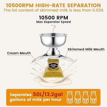 Milk Cream Centrifugal Separator, 304 Stainless Steel Electric Cow Milk Separator, 50L/H Goat Cow Cream Separator, 10500RPM Creams Maker Separator with 5L Bowl Capacity for Fresh Goat Cow Milk