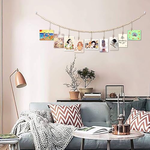 Miniatura 5 de Expositor de fotos para colgar en la pared con guirnalda de cuentas de madera, marco de fotos para decoración de pared bohemia, soportes para fotos