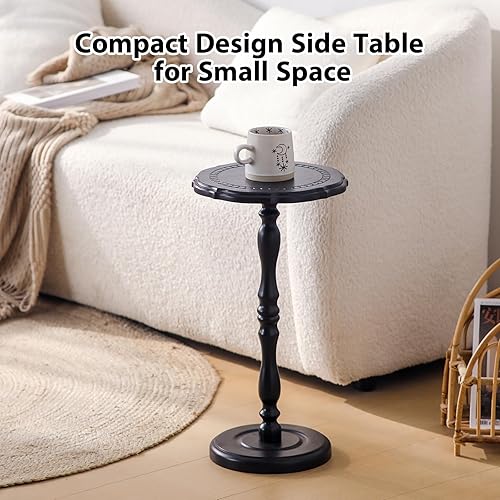 Vista 6 de Mesa de bebidas, mesa auxiliar pequeña para espacios pequeños, mesita de noche redonda de madera maciza moderna para sala de estar, dormitorio, Negro