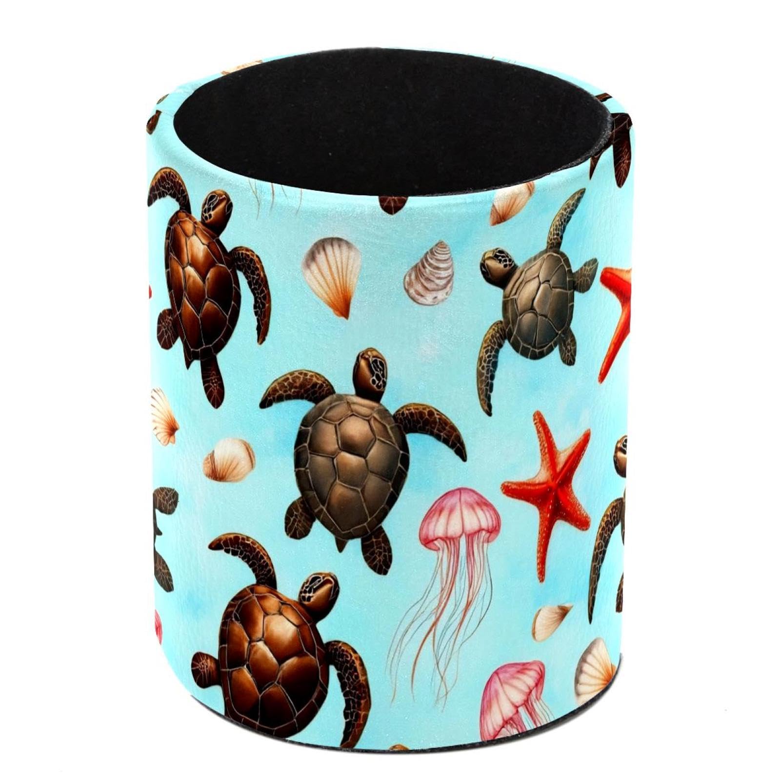 HEOEH Turtles Starfishes Pen Holder for Desk, PU Leather Pencil Holder Pen Cup Marker Holder Makeup Brush Holders, Desk Accessories & Workspace Organizers for Home, Office