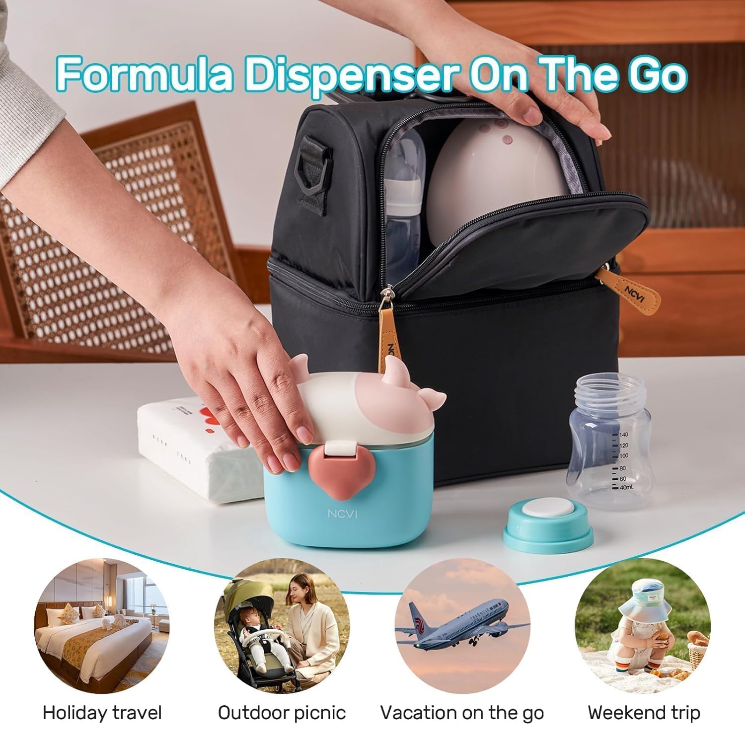 Bebamour Baby Formula Dispenser On The Go, Formula Container to Go, Formula Holder for Travel, Candy Fruit Snack Storage Container with Scoop and Leveller (Light Blue) 3