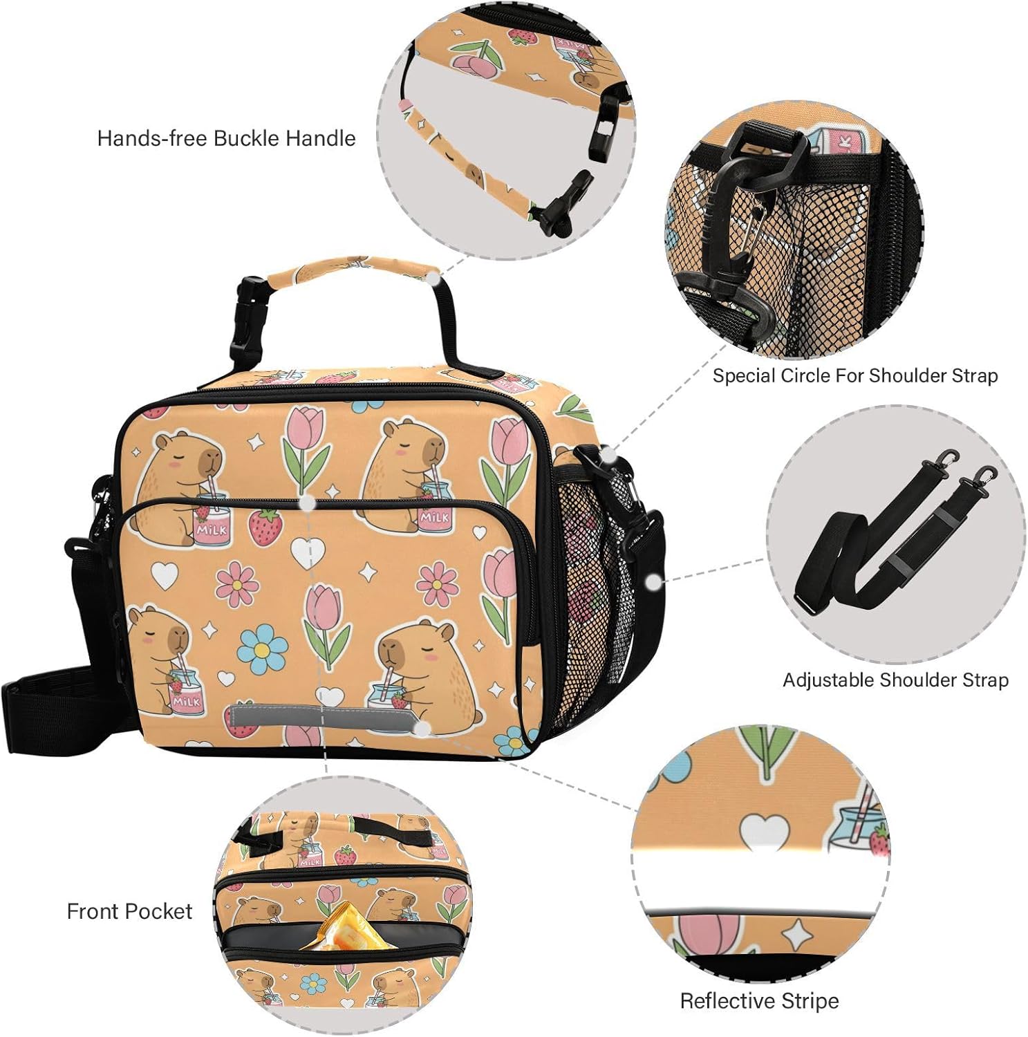 Aslsiy Lunch Bag for Women Cute Strawberry Capybara Insulated Lunch Box Handbag with Adjustable Shoulder Strap for Office Picnic Travel