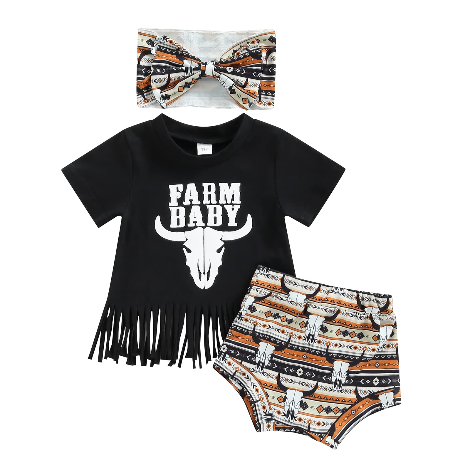Hnyenmcko Western Baby Girl Clothes Boho Cow Print Short Sleeve T Shirt Top + Bloomer Shorts Set Infant Summer Outfits (Farm Baby-Black White, 18-24 Months)