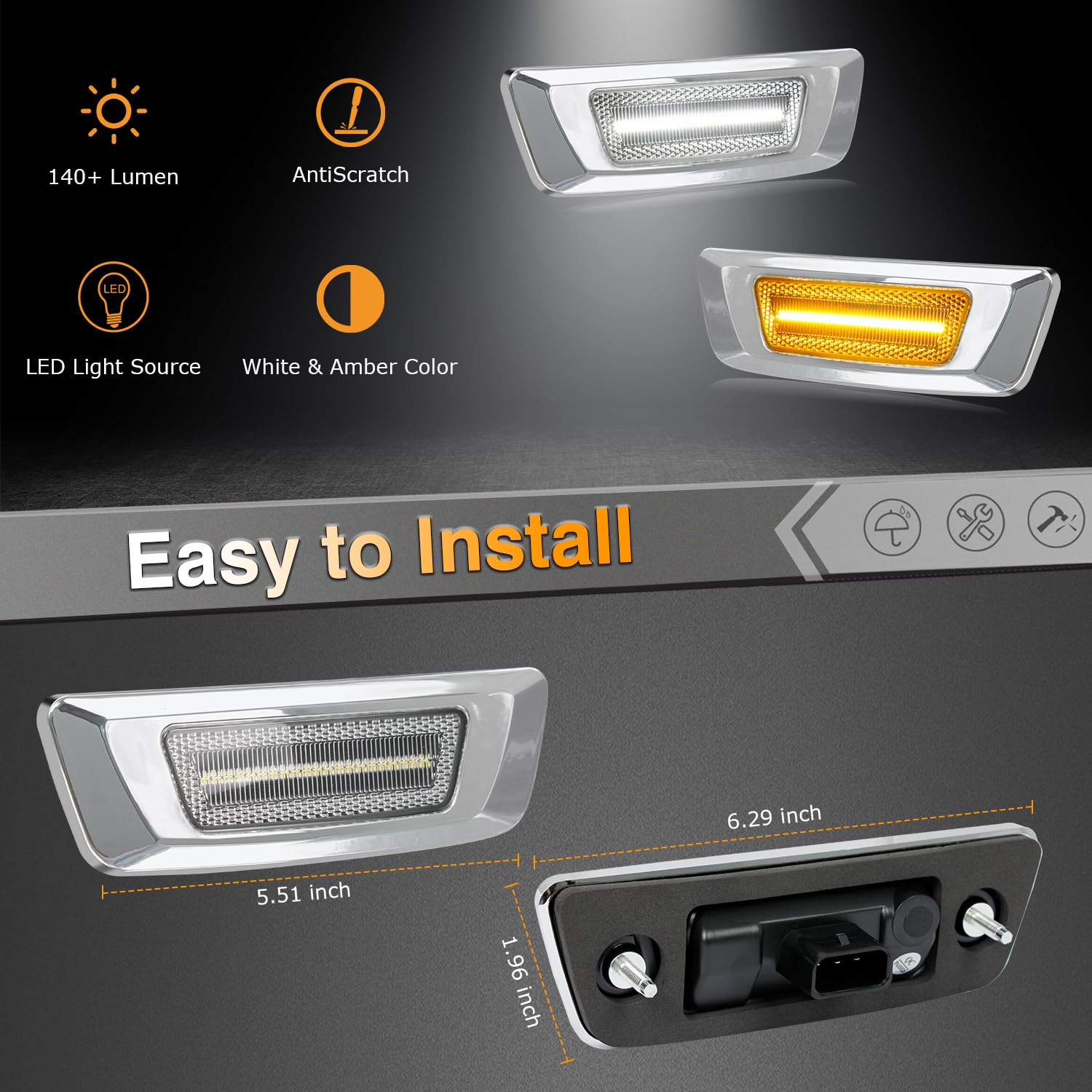 HERCOO Side Marker Turn Signal Lights LED Position light Compatible with Kenworth T680 T700 T880 Peterbilt 567, Chrome Lens Front Fender Sidemarker Turn Signals Lamp Assembly