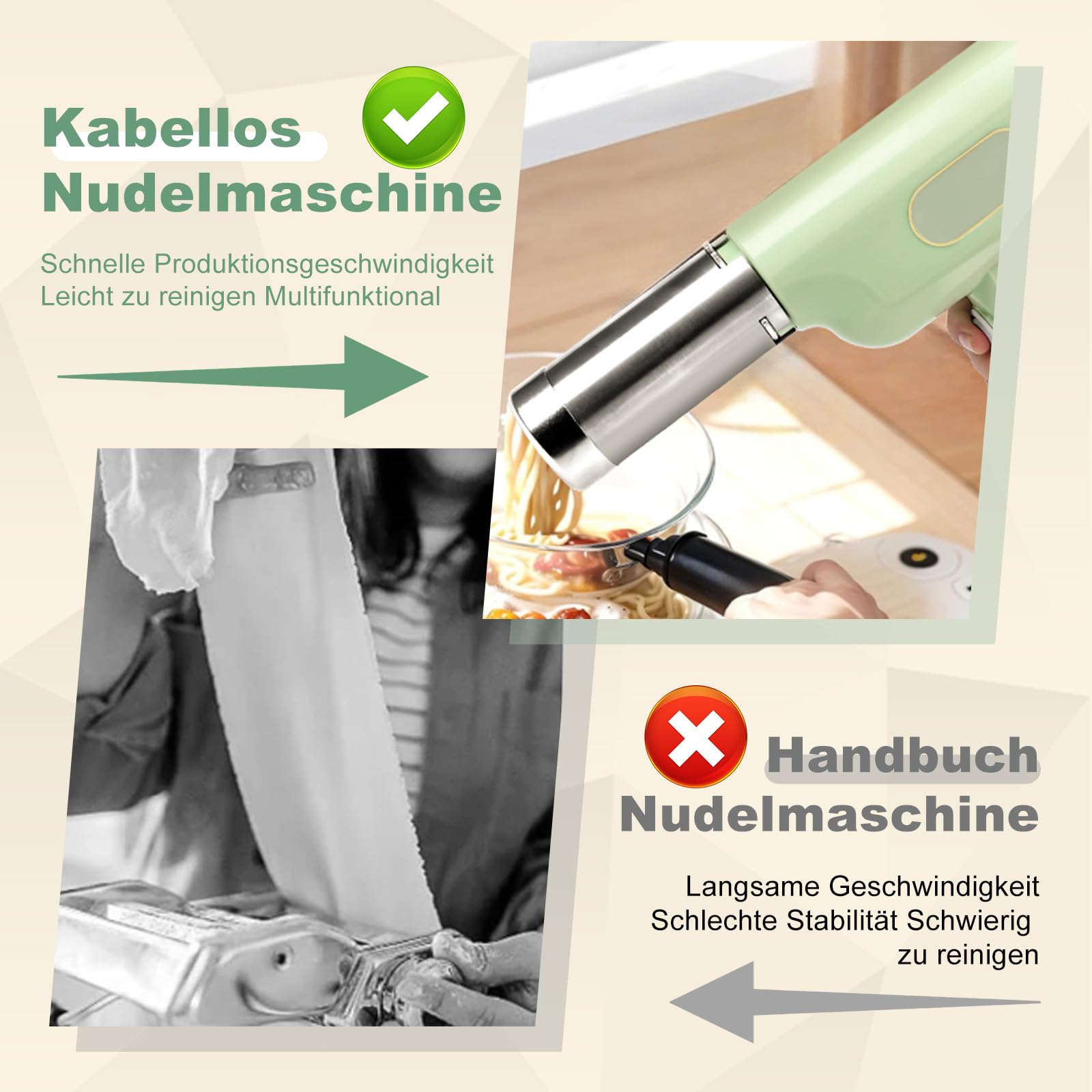 Elektrische Hand Nudelmaschine 2600mAh, Aufladbar Handheld Pasta Presse mit 5 Pressformen