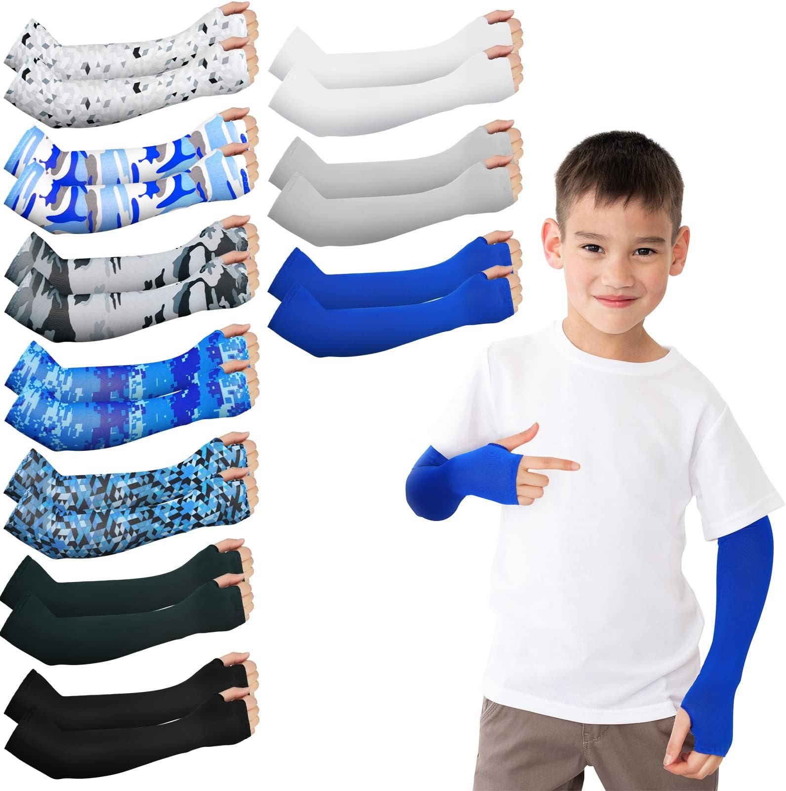 Mepase 10 Pairs Arm Sleeves for Kids Arm Sleeves for Boys UV Sun Protection Cooling Sleeves Youth Sport Compression Sleeves