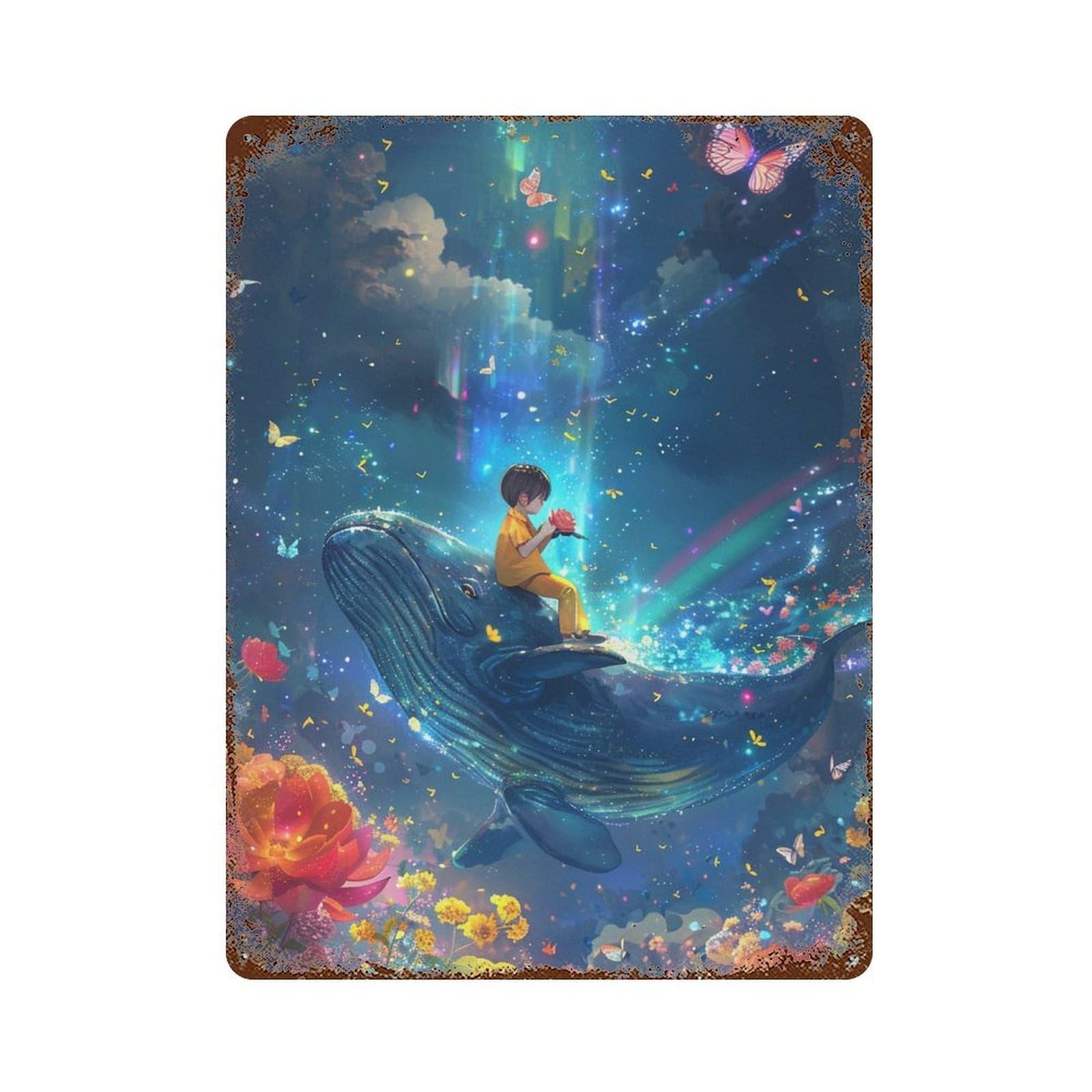 Whale Riding Fantasy Flowers Retro Metal Sign 15.7"x11.8", Vintage Wall Decor for Office, Studio And Wall Decor