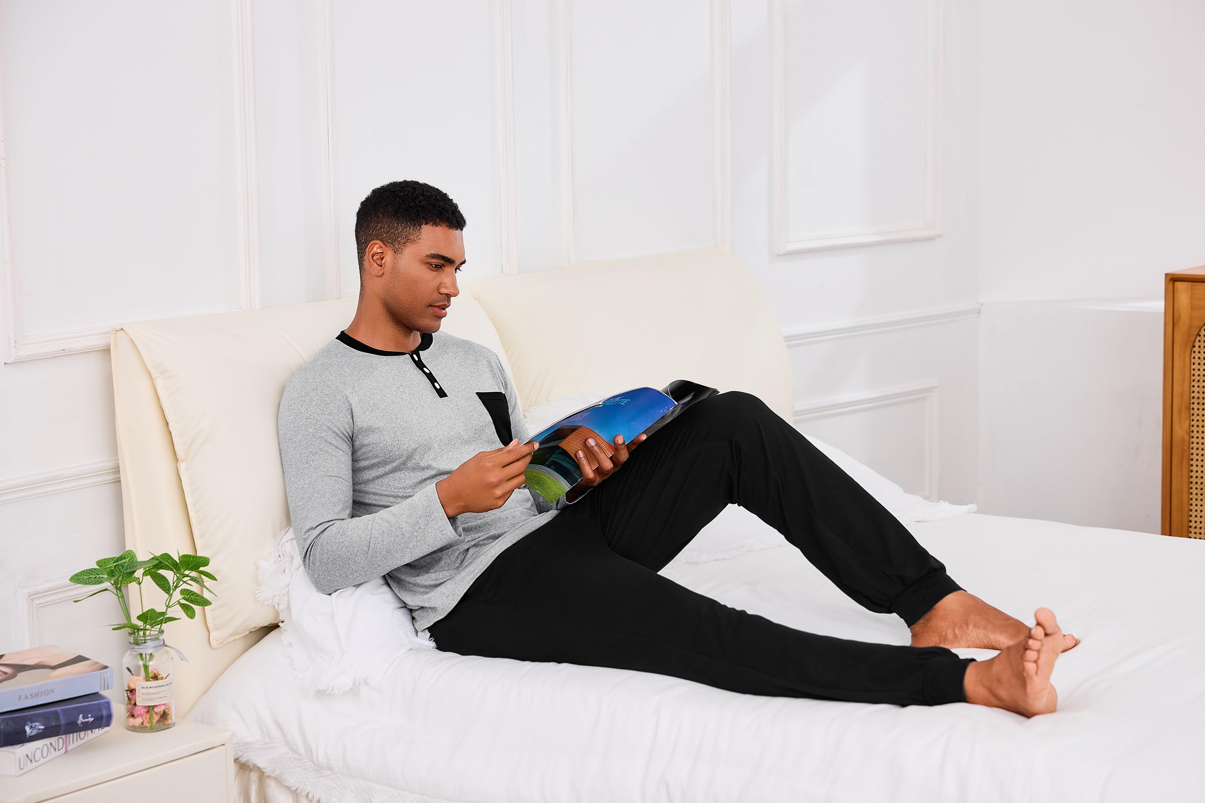 Uniexcosm Pigiama Uomo Cotone Lungo Pigiama A Due Pezzi da Uomo Abbigliamento da Casa