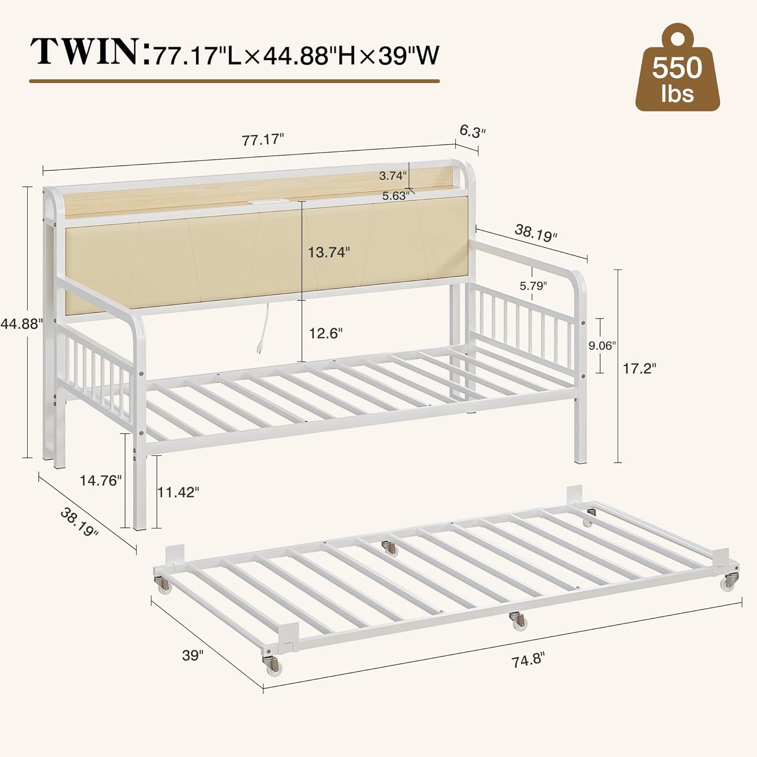 VECELO Twin Daybed with Trundle, Sofa Day Bed with Sturdy Metal Frame, Pull Out Couch, Upholstered Storage Headboard & Charging Station for Living Room Bedroom and Guest Room, White
