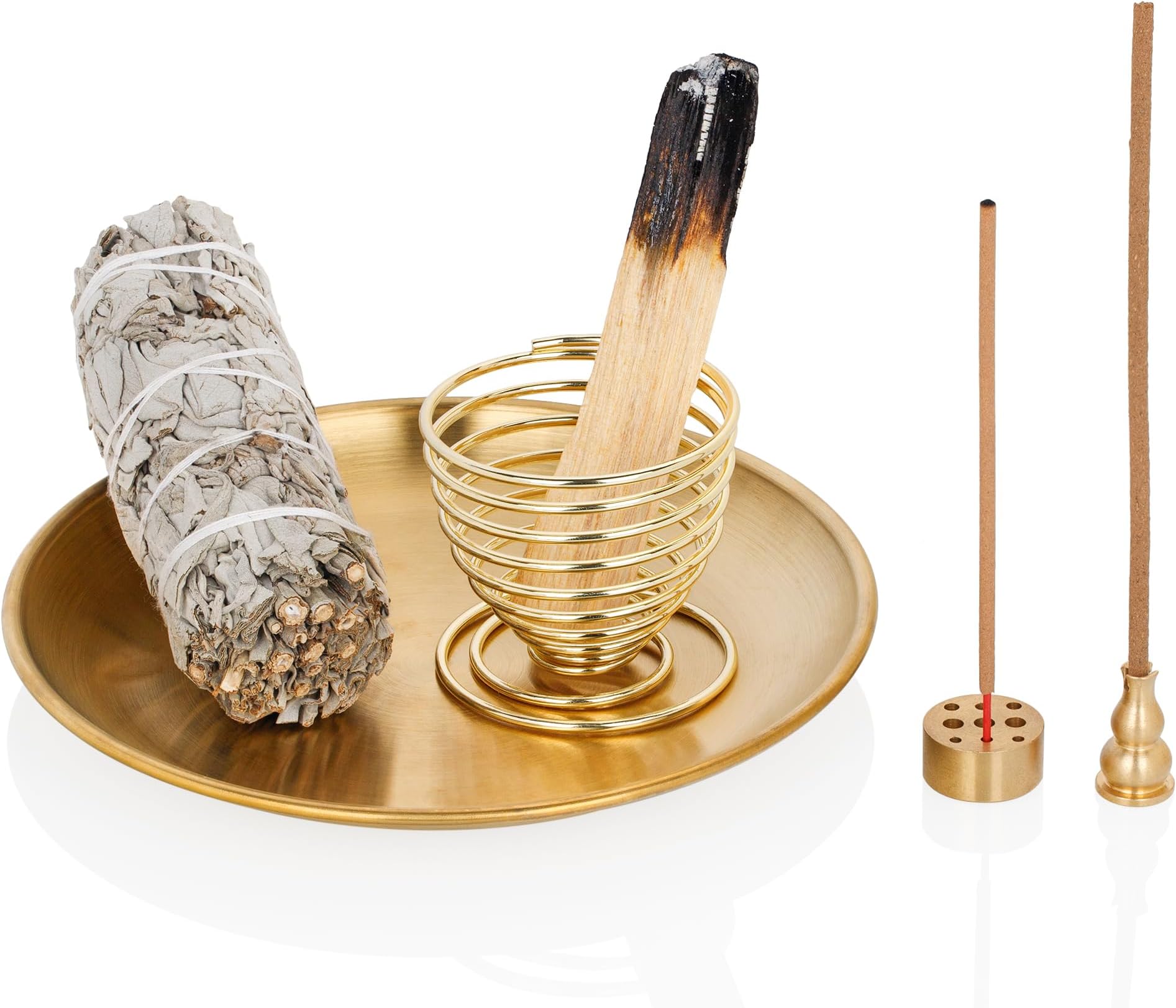 ZenBless 5 in 1 Incense Burner, Palo Santo Holder, Sage Holder, Incense Holder for Incense Sticks/Coil Incense/Incense Cones, 5.5 inches Brass Ash Catcher for Meditation Yoga Room