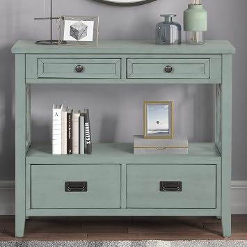 36" Country Farmhouse Console Table with 4 Drawers and 1 Storage Shelf Pine Wood Sofa Table for Entryway Entrance Living Room HallwayGreen