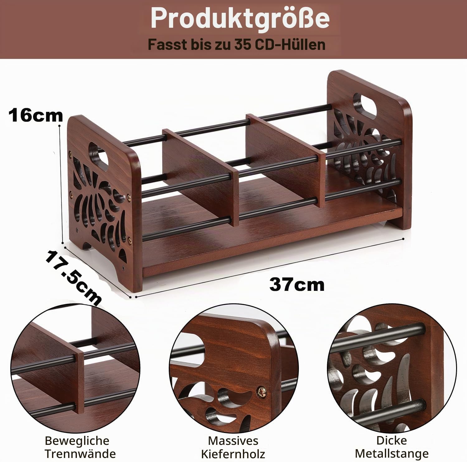 CD Ständer Holz CD Regal Aufbewahrung, CD/DVD Aufbewahrungbox | Skelett Blume CD Halter und DVD Organizer mit Griffen auch für Bücher,Karten,Postkarten 37x17.5x16cm