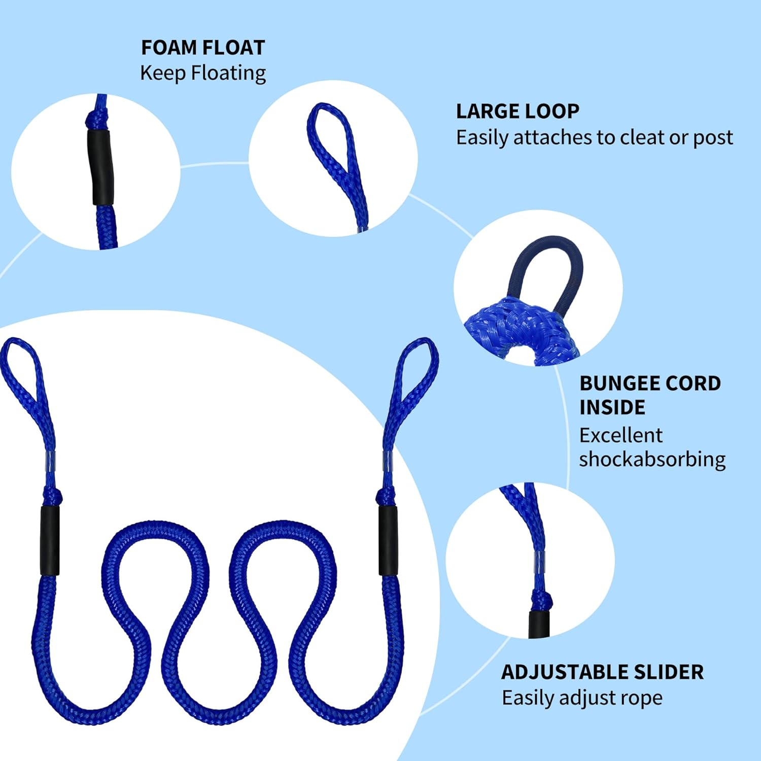 7-11FT Boat Bungee Dock Lines with Loop and Foam Floats–Stretchable Elastic Mooring Ropes for Temporary Docking for Pontoon Boat,Seadoo,Bass Boat,Kayak,Watercraft,Dinghy,2Pack (Blue)