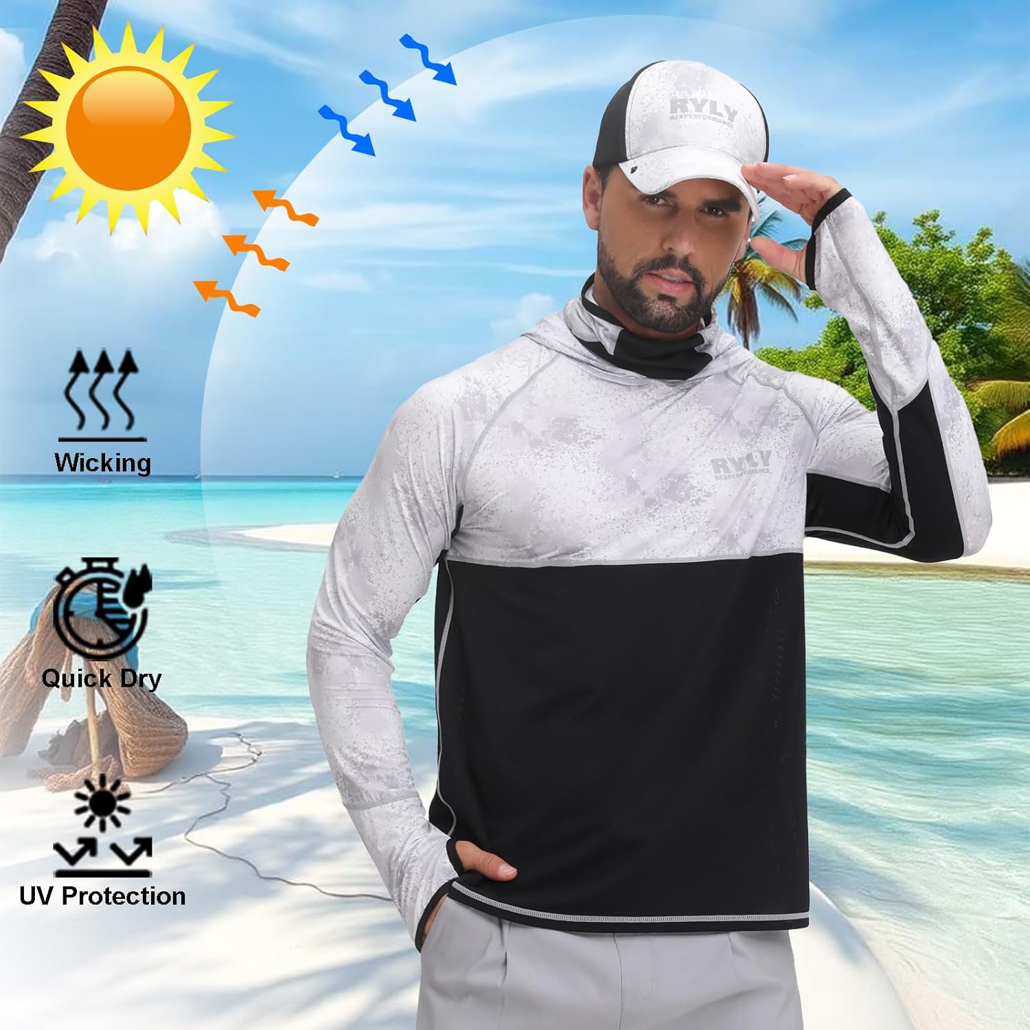 Men's Performance Fishing Shirts,Sun Protection Hoodie Long Sleeve UPF 50+ Hiking Shirt with Mask Cap
