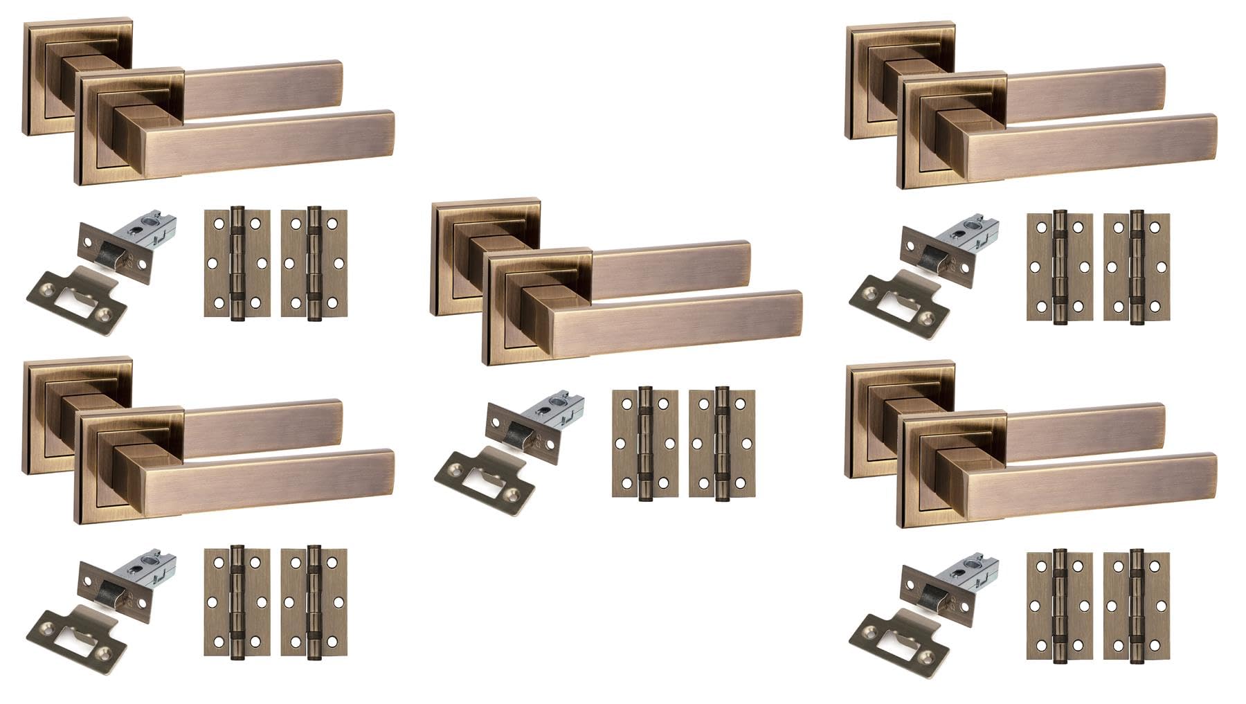 Golden Grace Antique Brass 5 Set Delta Design Square Rose Door Handles With Latch And Ball Bearing Hinges Finish