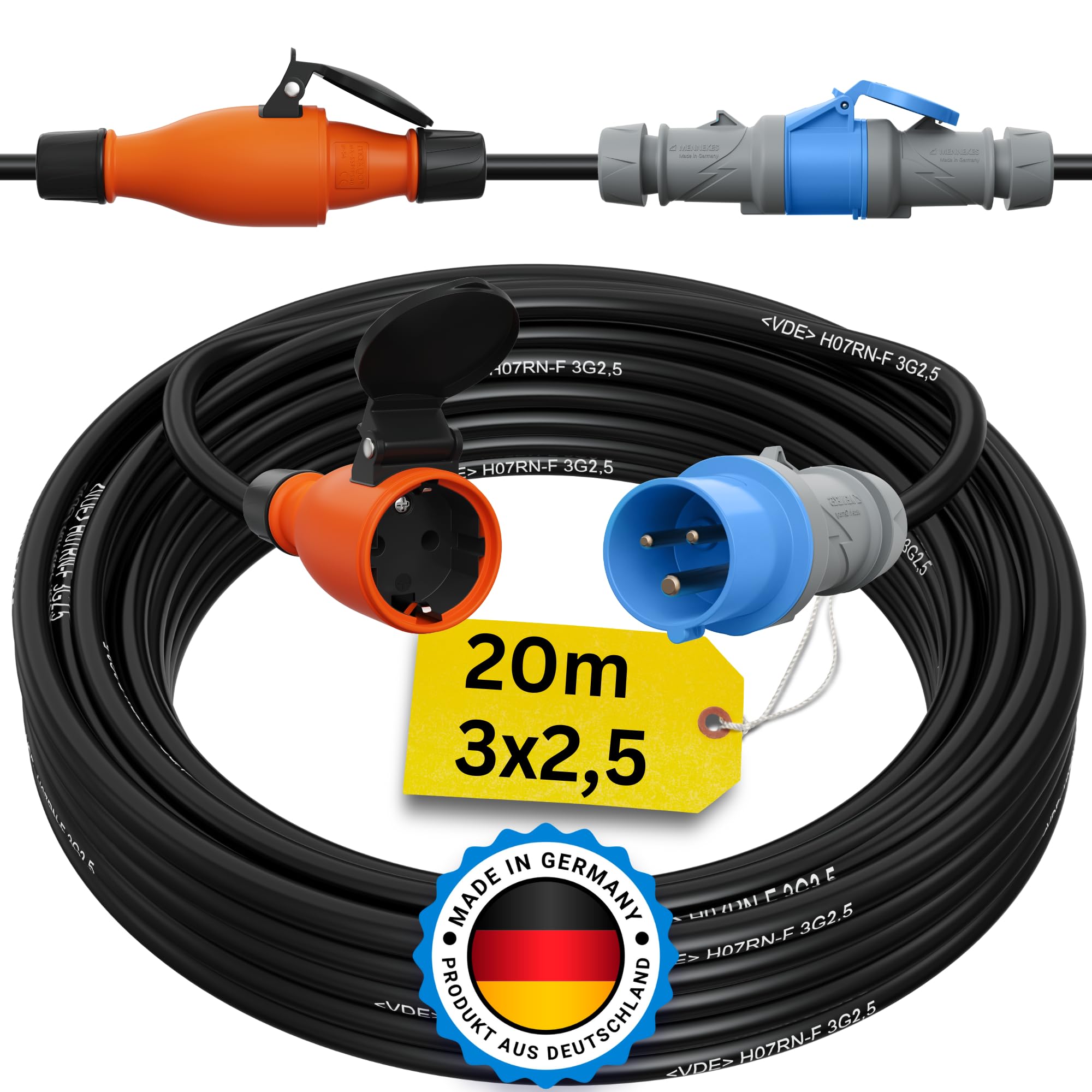 CEE auf Schuko Adapter 20m Camping Stromkabel H07RN-F 3x2,5 Landstromkabel Wohnmobil Wohnwagen Kabel Camping Adapter 20 Meter Strom Verlängerungskabel CEE-Stecker Campingstecker