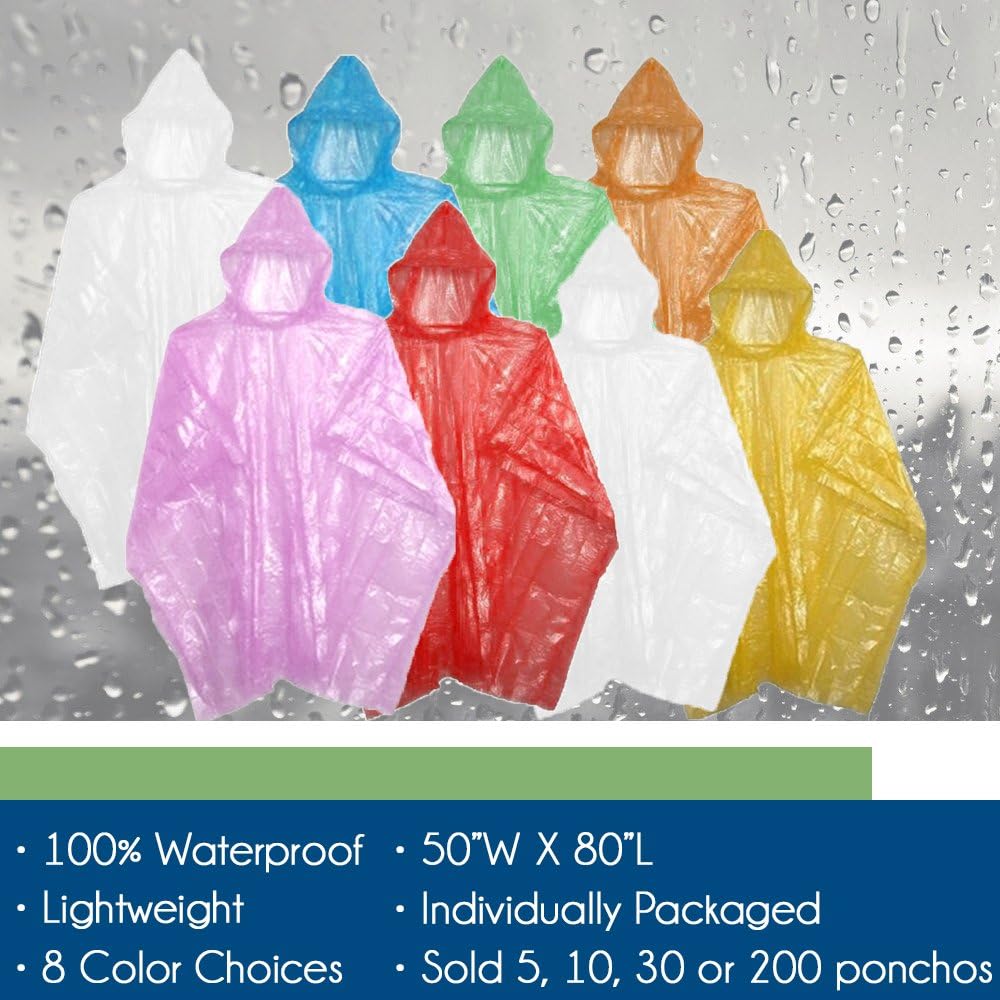 Sara Glove Emergency Disposable Rain Ponchos 8 Colors - (Sold in 5, 10, 30, or 200 Packs)