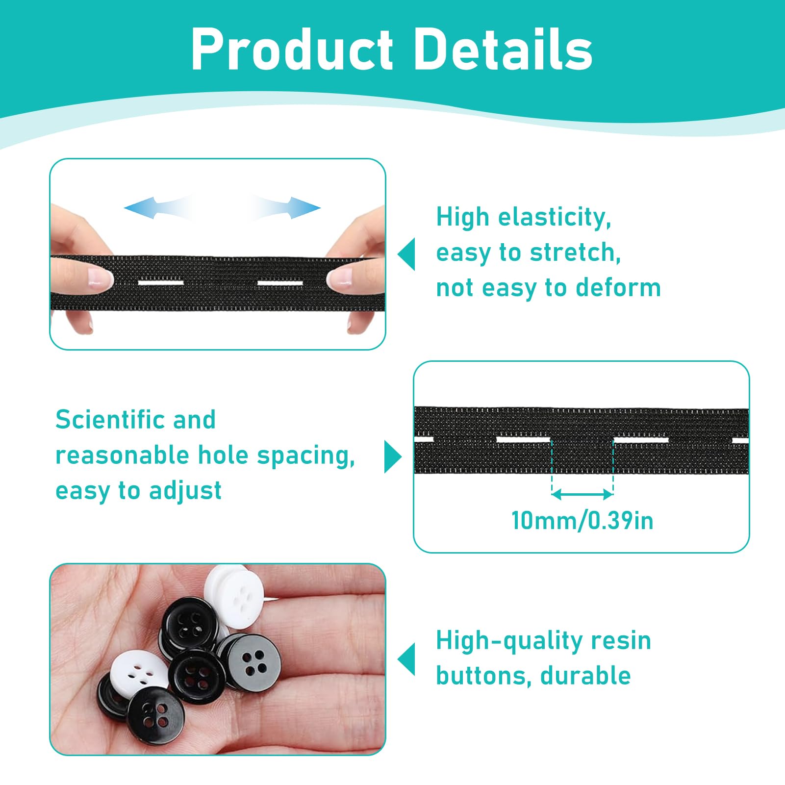 2 Rotoli Elastico Con Asola 8m - Larghezza 15mm Con Bottoni, Per Cucito Pantaloni E Abiti