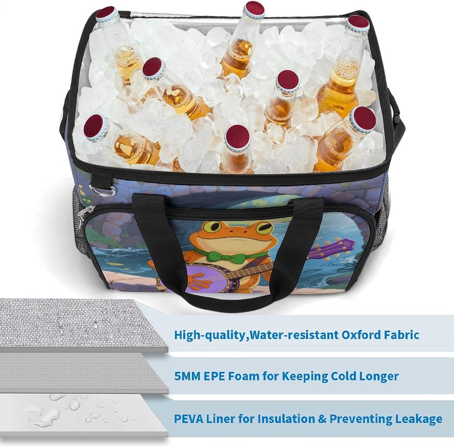 Insulated Picnic Backpack Tote Bag, Large Capacity 30L Orange Frog Playing Banjo Cooler Bag Leakproof Beach Bags Portable Lunch Box Waterproof Picnic Basket for Beach Camping BBQ