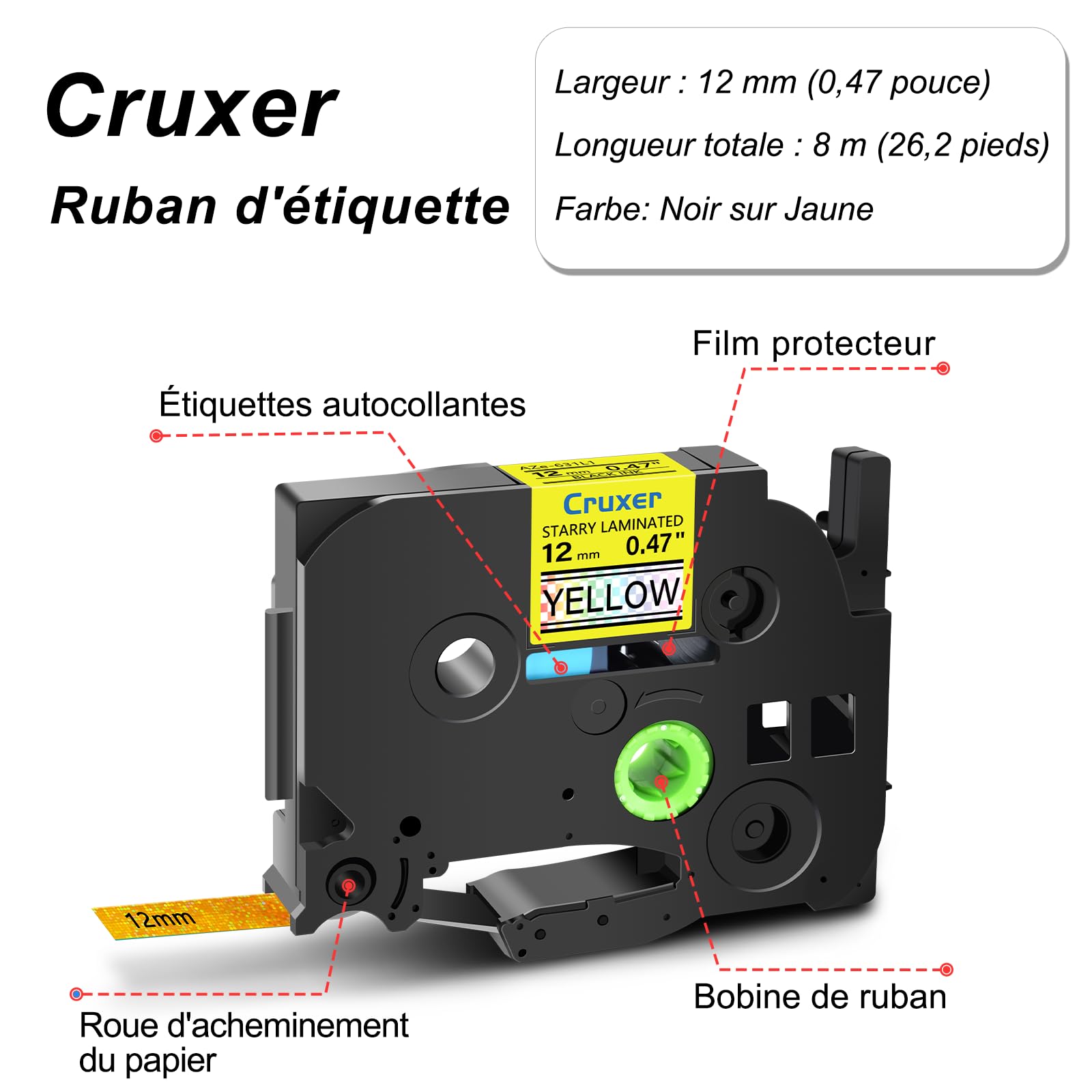 Cruxer Lot de 50 Ruban compatible P-touch TZe-631L1 Noir sur Jaune 12 mm