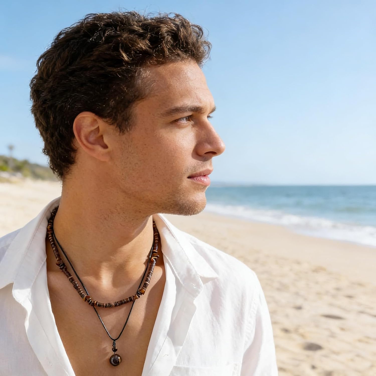 Layered Puka Shell Necklace for Men Brown Coconut Wood Beads Necklace Boho Mens Summer Necklace Surfer Beach Necklace Jewelry
