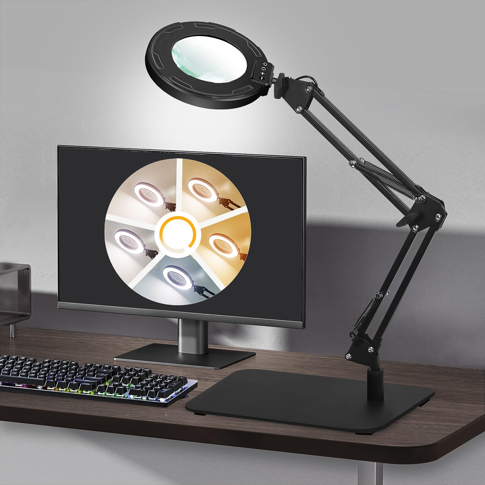 Lupe mit Touch Control Licht und Ständer - LED Lupenleuchte in Schwarz, Klemme, 5 Farbmodi, stufenlos dimmbar - Perfekte Lupenlampe für präzise Arbeiten und Modellbau