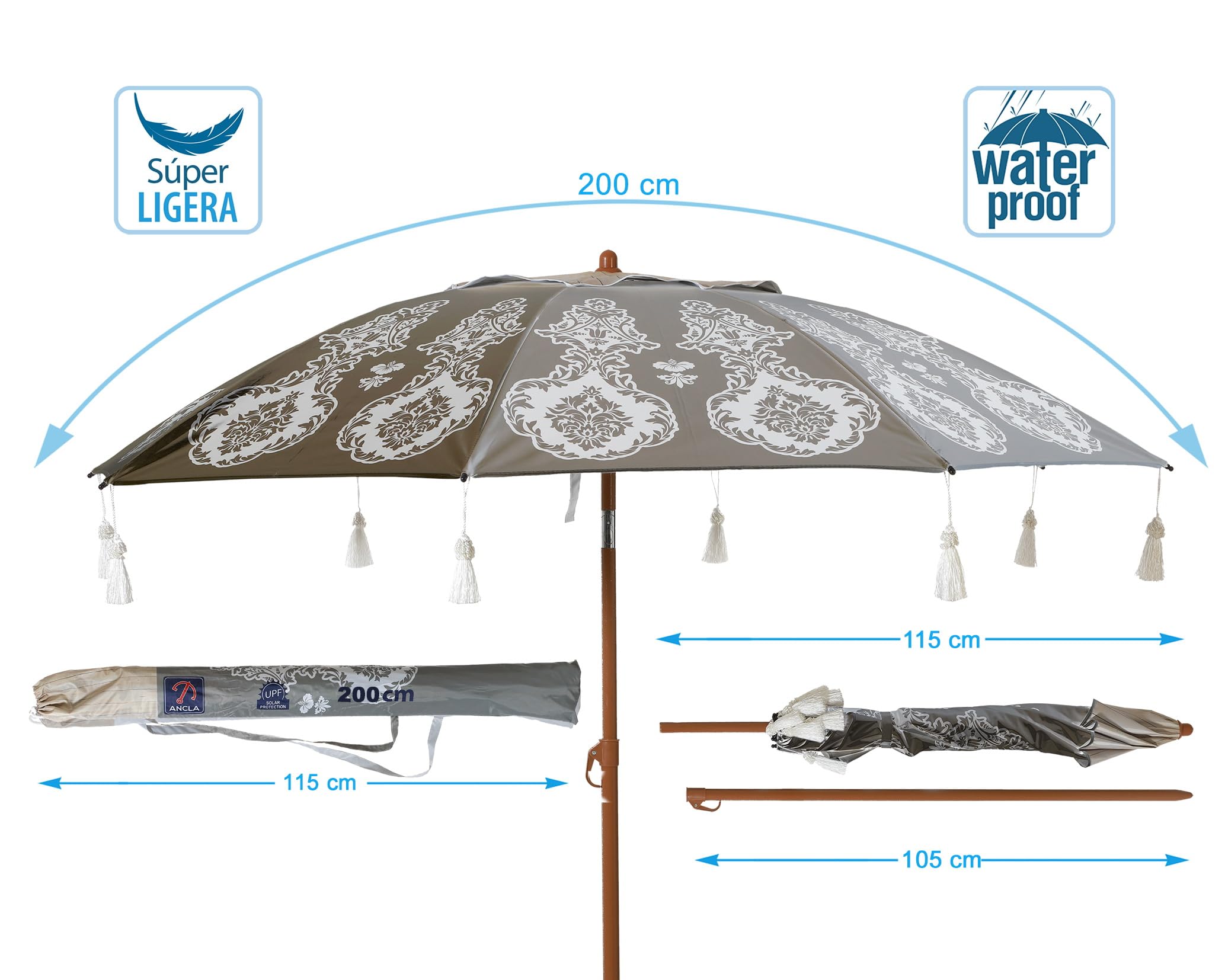 Atosa Strandschirm Ø 200 cm aus Aluminium, Modell mit Upf 50+, dunkelgrau, dunkelgrau, 200 cm