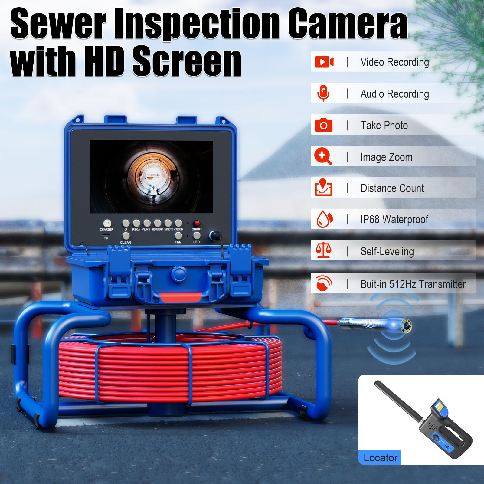 Telecamera Ispezione tubi 50 metri con Sonda Localizzatore Videoispezione Professionale Contatore di Distanza e Trasmettitore 512hz, Telecamera per Tubi 9 Pollici (with Locator)