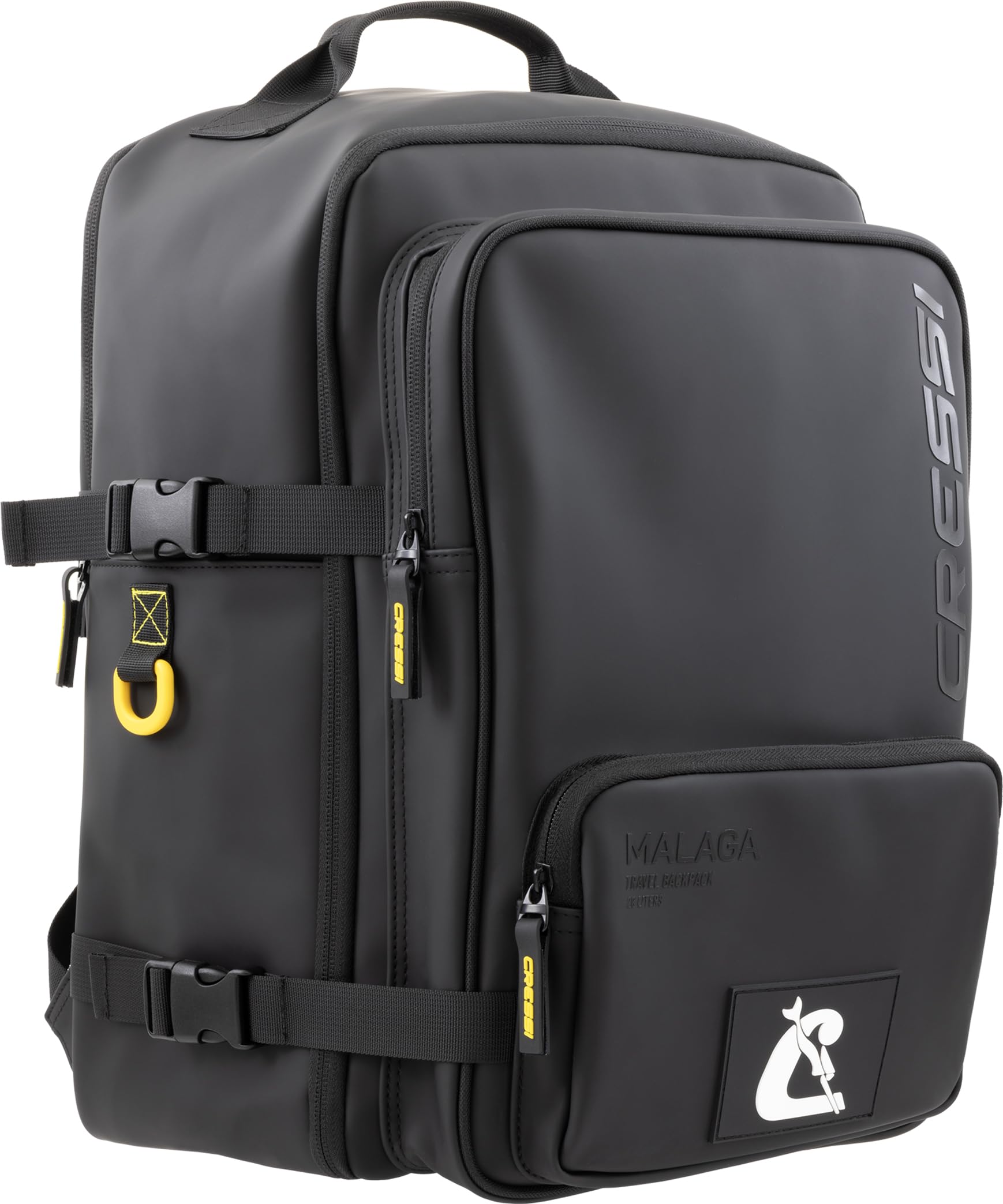 Cressi since 1946 - Malaga Travel Backpack 28 L - Unisex Black/Yellow Hydrophobic Backpack, Versatile and Functional 40x30x20 cm, Suitable for Hand Luggage on Ryanair, Easyjet and Wizz Air Flights