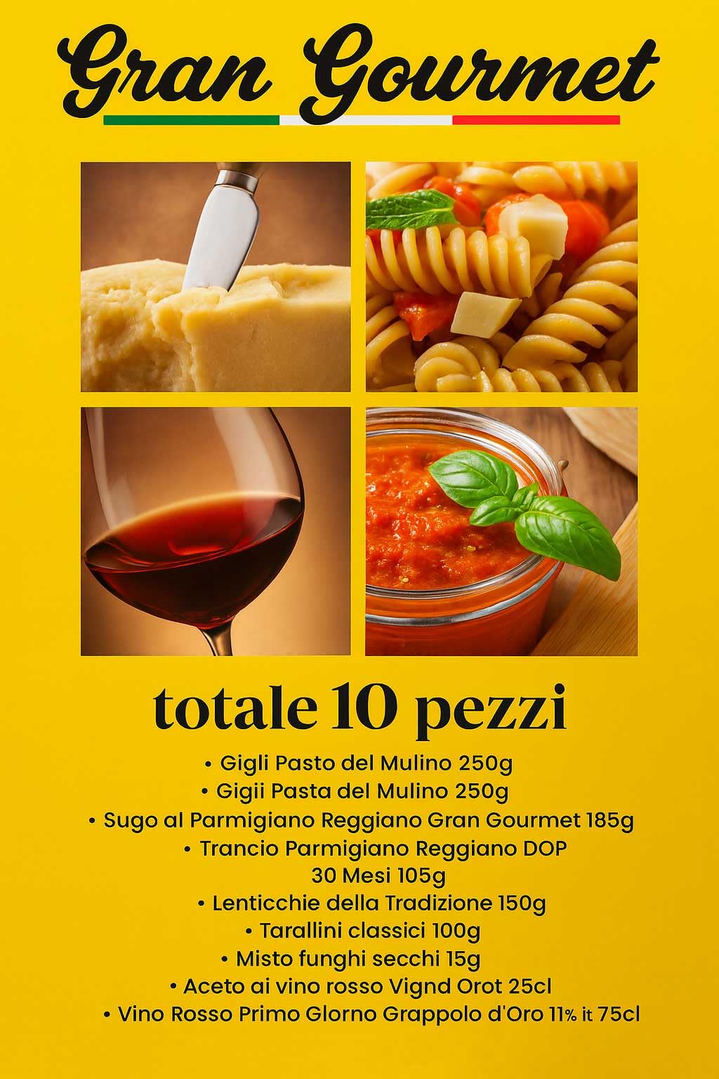 Regalidea Confezione Strenna Cesto Gran Gourmet 2025 con 10 pezzi: Pasta, Sugo, Trancio Parmigiano, Salame, Lenticchie, Tarallini, Funghi Secchi, Aceto e altro