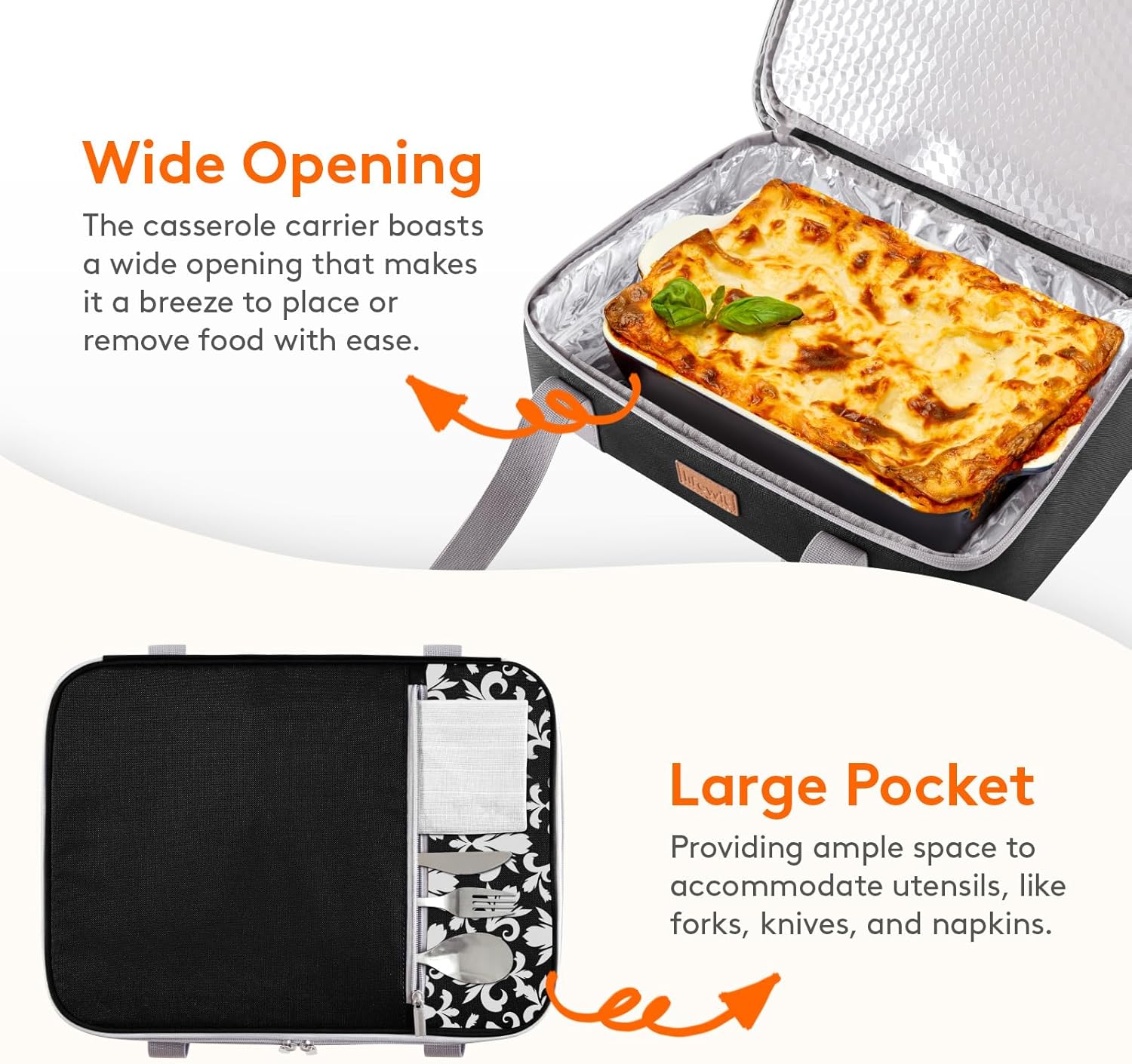 Lifewit Insulated Double Decker Casserole Carrier, Expandable Lasagna Lugger Tote Bag for Hot or Cold Food, Fits 9" x 13" Baking Dish for Potluck Parties, Picnic and Cookouts, Black-Flowers - Image 6