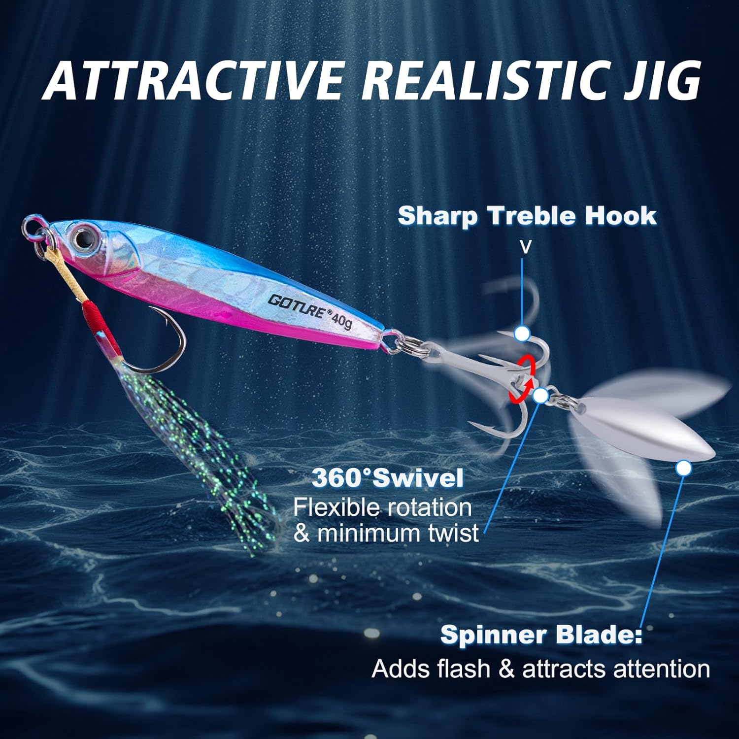 Goture Fishing Jigs, 40g 60g Vertical Jig Saltwater Freshwater, Jig Fishing Lures with Assist Hooks and Treble Hook, Jigging Spoon Lures for Tuna, Salmon,Striped Bass, Grouper Snapper,Kingfish