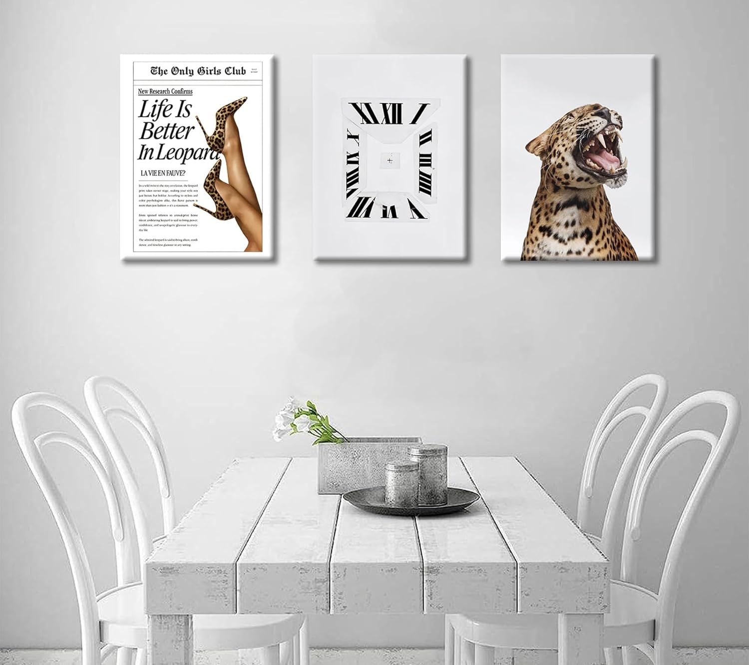 3Pcs Trendy Leopard Canvas Wall Art Vintage Newspaper Leopard Boots Paintings Pictures Fashion Preppy Wall Decor Abstract Clock Prints for Living Room Apartments Dorms Home Decoration 16x24in Framed