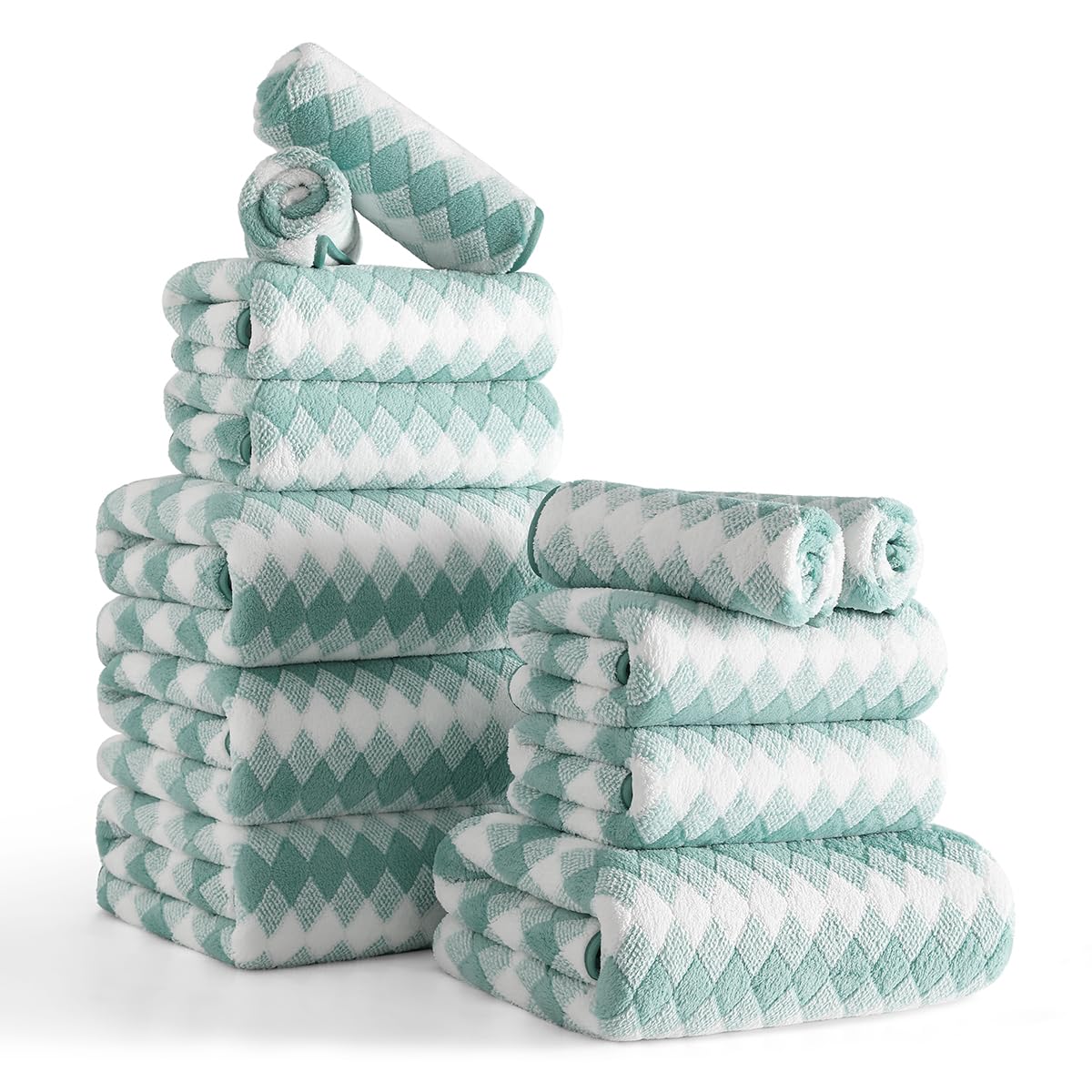 Photo 1 of 12 Pcs Turquoise Diamond Towel Set-4 Bath Towels,4 Hand Towels,4 Washcloths Soft Polyester Towels with Loop Absorbent Shower Towel Quick Dry Beach Chair Towel Family Towels for Bathroom Spa Gym Pool