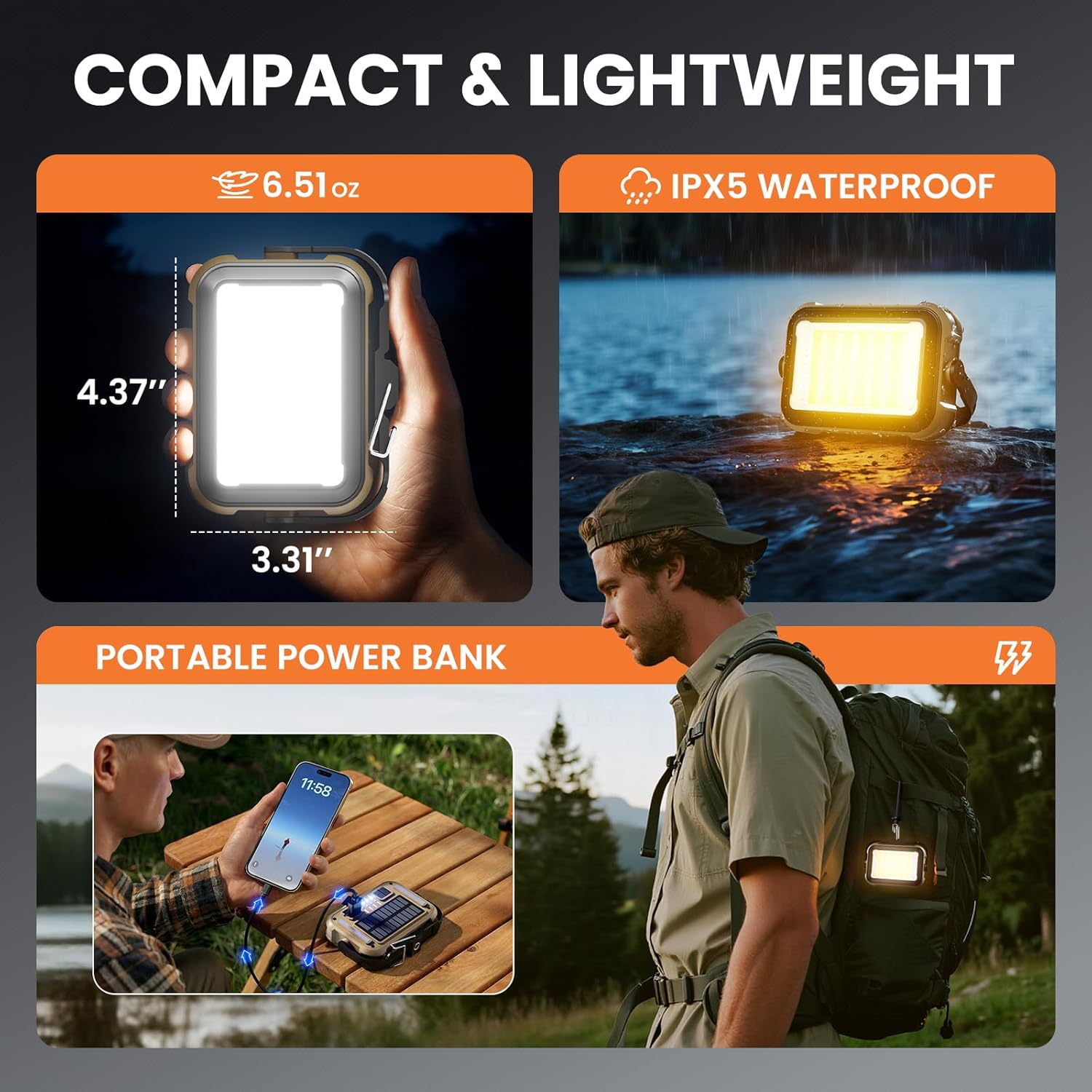 Solar Rechargeable Camping Light,Portable Bi Color 3500K-6500K Dimmable Panel Photography Lighting,3000 lumens m Small Led Work Light with 3600mAh Battery for Vlog Recording,Emergency,Mechanic,Outdoor