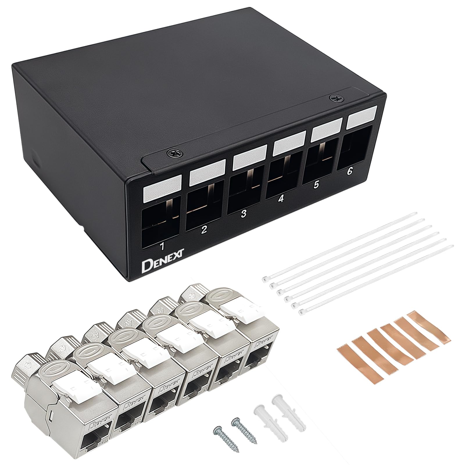 DENEXT 6 Port Patchpanel - 6x Cat7 RJ45 Keystone Jack Modul Patchfeld 1 HE STP 10 Gbps Kompatibel mit CAT6 CAT6a CAT7 Ethernet LAN-Desktop & Wandmontage
