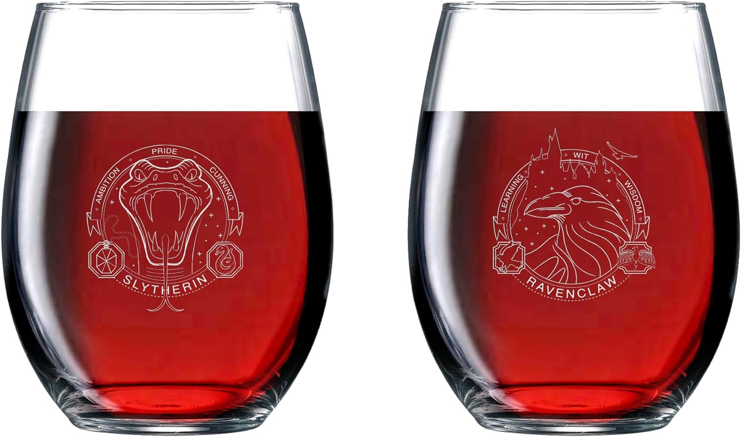 Katalyst Harry Potter Slytherin and Ravenclaw House Sigil Stemless Wine Glasses Cocktail Tumbler Glasses 17 oz 2 Pack