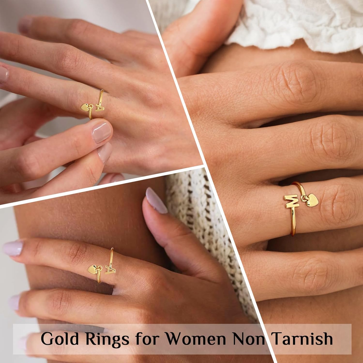 Gold Initial Rings for Women 14K Gold Plated Adjustable Rings Dainty Heart Stackable Letter Rings Alphabet Letter A to Z Resizable Knuckle Ring Jewelry Gifts for Women - Image 4