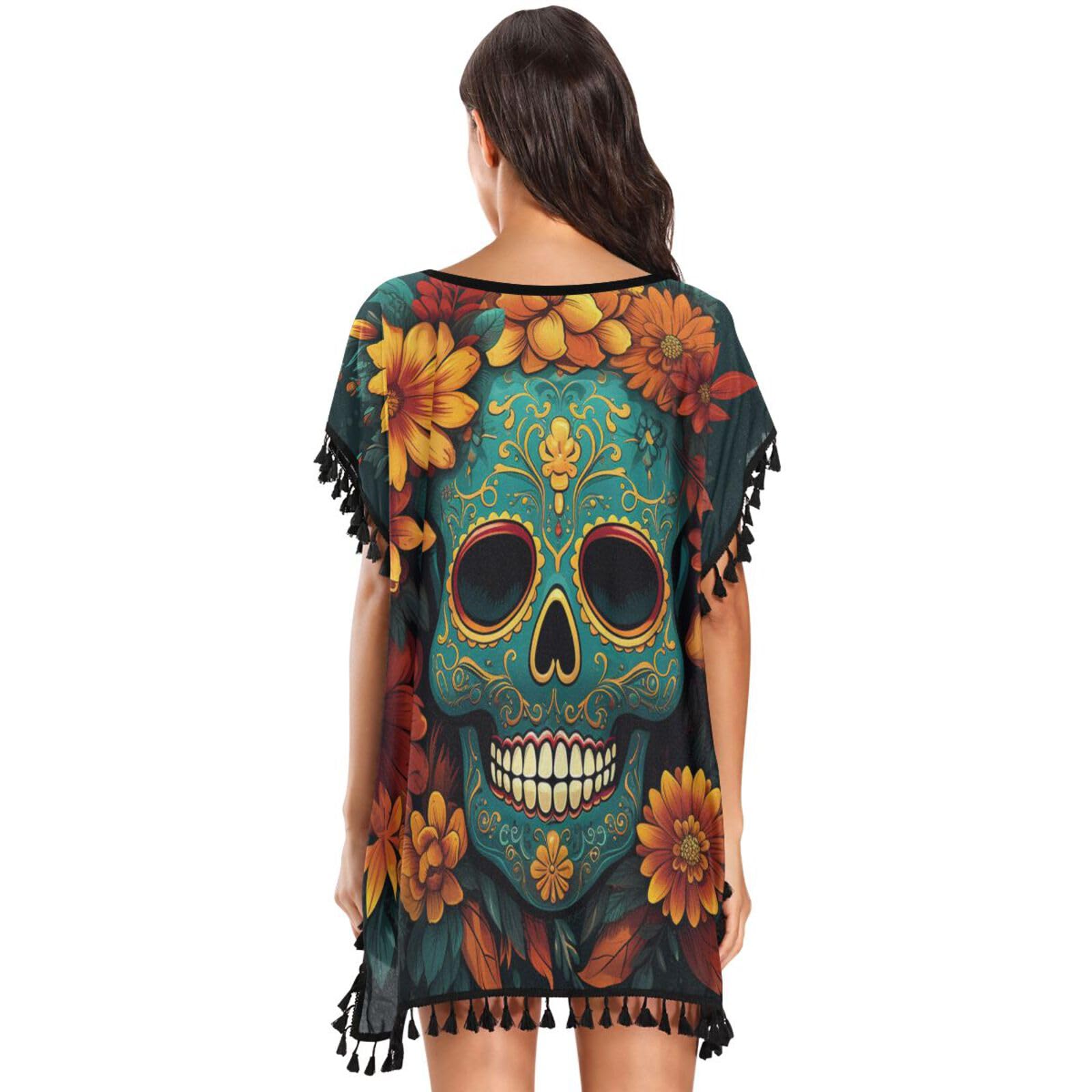 KAAVIYO Colorful Cyan Skulls Rose Flower Women's Beach Cover Up Chiffon Tassel Swimwear Swimsuit Coverups for Girl