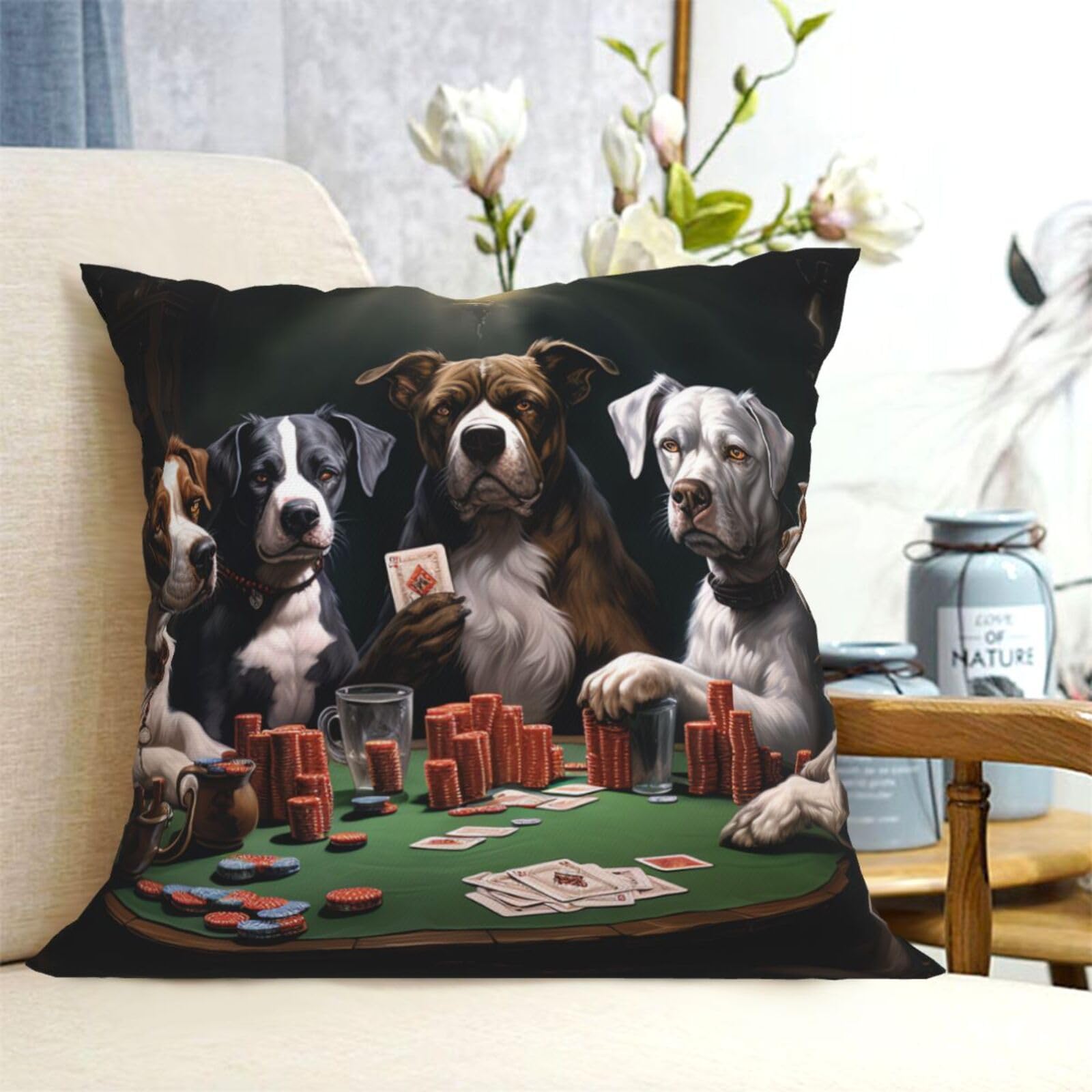 Fodpand Black Decorative Throw Pillow Covers 20"X20" Playing Poker Dogs Cushion Cases Square Modern Farmhouse Pillow Cases Soft Cozy Cushion Covers For Couch Sofa Bedroom Home Decor Pillowcase