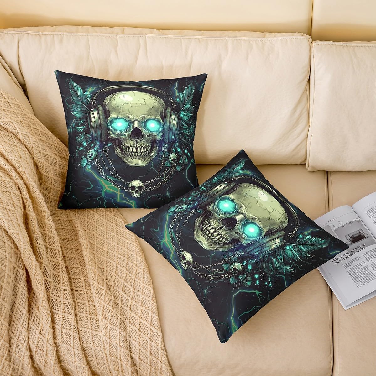 Gaming Skull Pillow Covers Gothic Sugar Skeleton Pillow Cases Musical Headset Cushion Cover for Living Room Cool Neon Lightning Thunder Pillowcase 22x22 Inch,Set of 2 image 2
