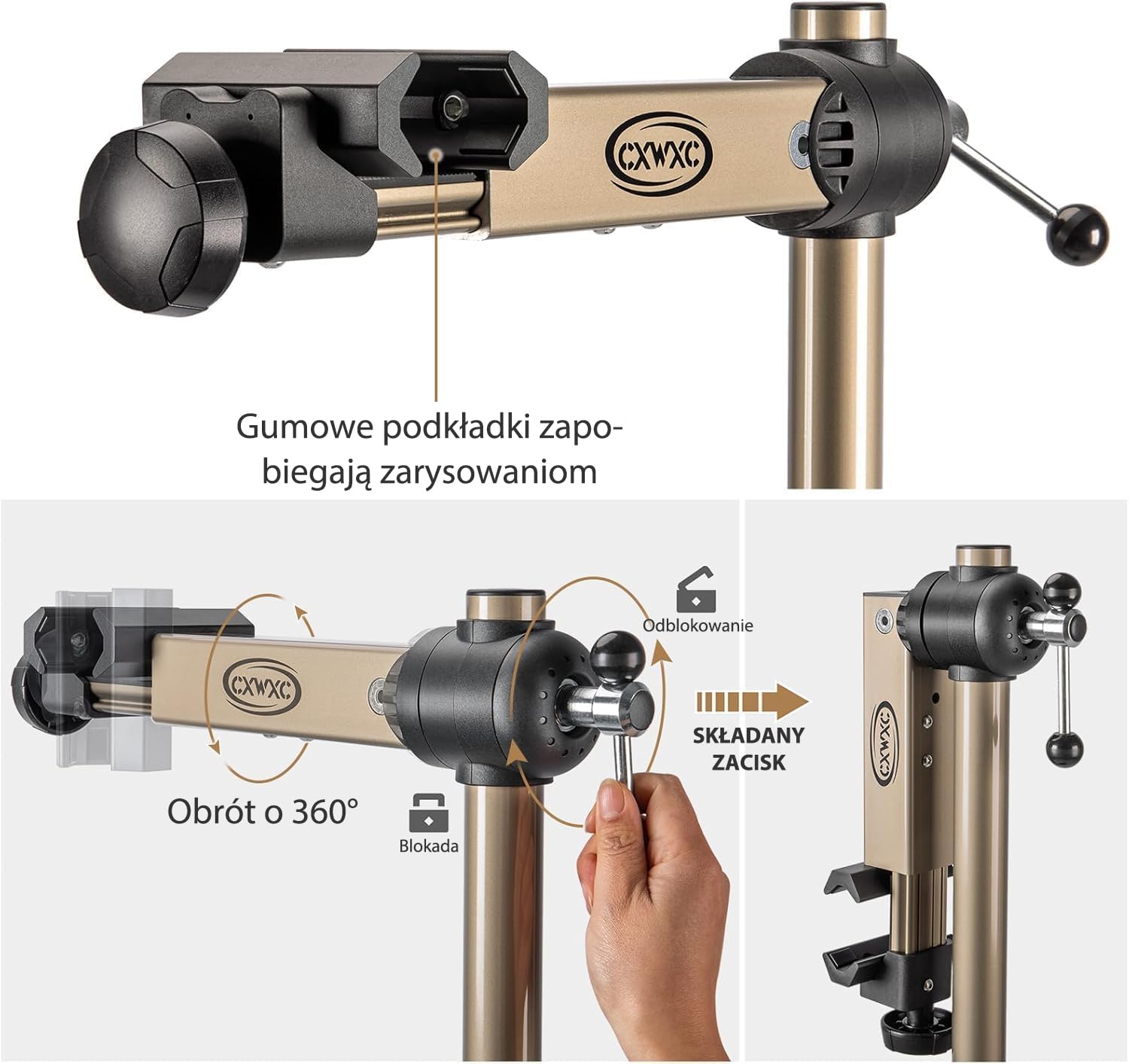 CXWXC Stojak do montażu rowerów, stojak do naprawy rowerów, obracany o 360°, z dużym, aluminiowym stojakiem montażowym, z regulacją wysokości, do rowerów wyścigowych, do 30 kg (szampański)
