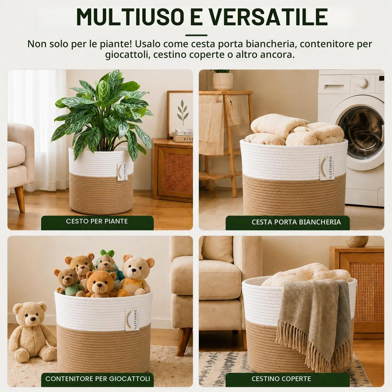 Cesto per Piante Corda di Cesto cotone intrecciata Decorazione vaso di fiori da interno portabiancheria pieghevole Cesto portaoggetti per uso domestico