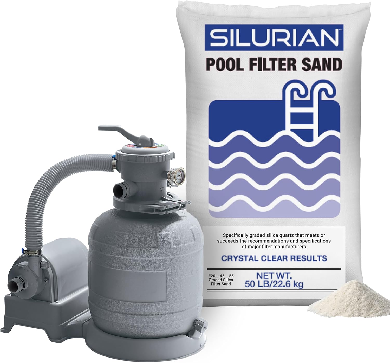 U.S. Silica Silurian 20 Grade Pool Filter Sand for Optimal Filtration & Funsicle 12 Inch Sand Filter Pump for Above Ground Pools, 1600 GPH Flow Rate