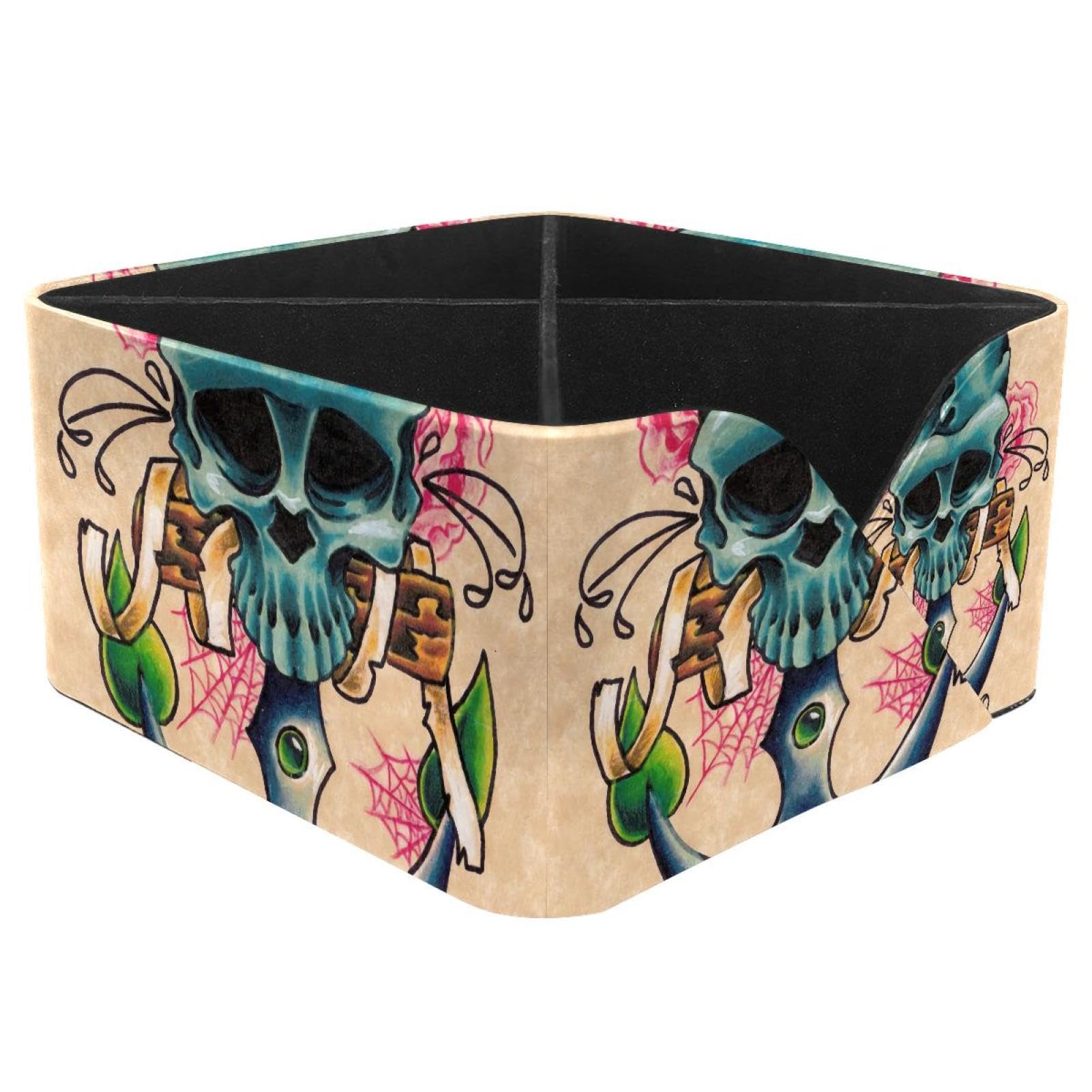 KengjuTesu Anchor with Skull Flowers Desktop Organizer Pen Holder, Rectangular Pencil Cup for Office, Study and Makeup Stations