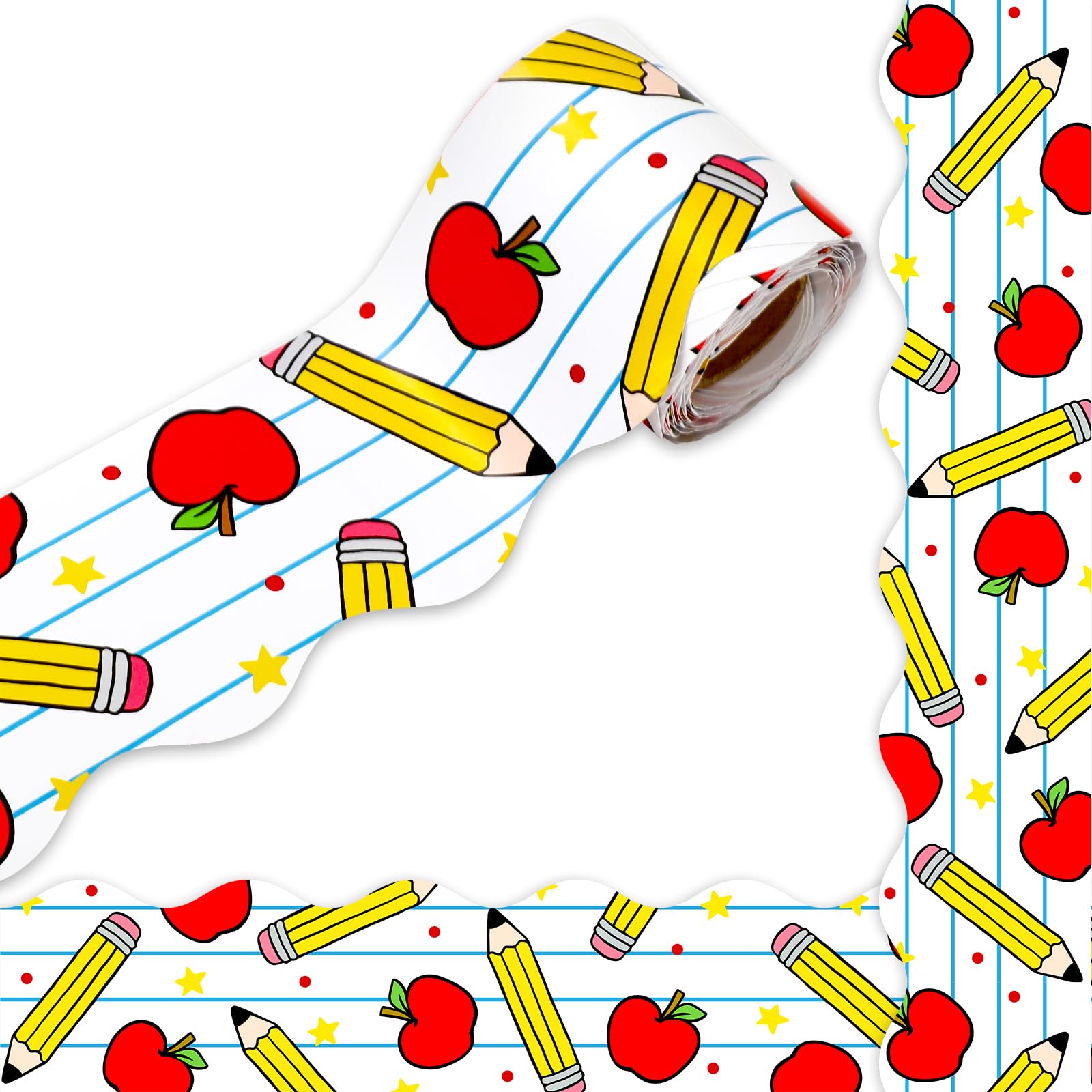 FYSUIMU 32.8Ft Back to School Bulletin Board Border Pencil Apples Workbook Die Cut Trim Border Roll for First Day of School Chalkboard Wall Decor