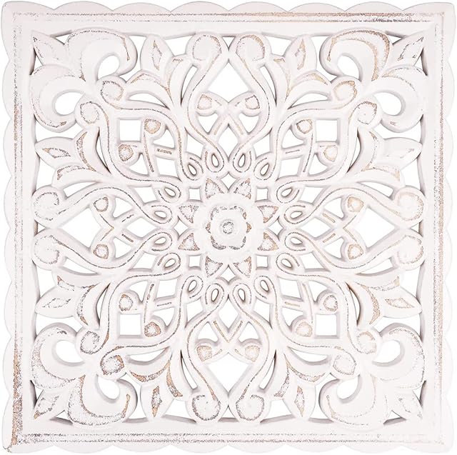 Thechos Wooden Wall Decor Floral Hollow Carved Wall Panel Hanging Decor Rustic Wall Art Sculpture Home Wall Ornament for Hallway Bedroom Living Room Cafe Office(Square 30*30cm)